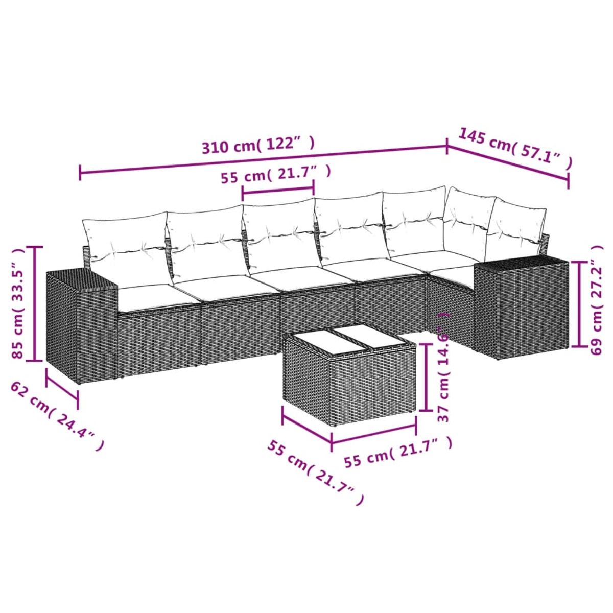 Ein großes, modulares Outdoor-Sofa mit Kissen. Abmessungen werden angezeigt.