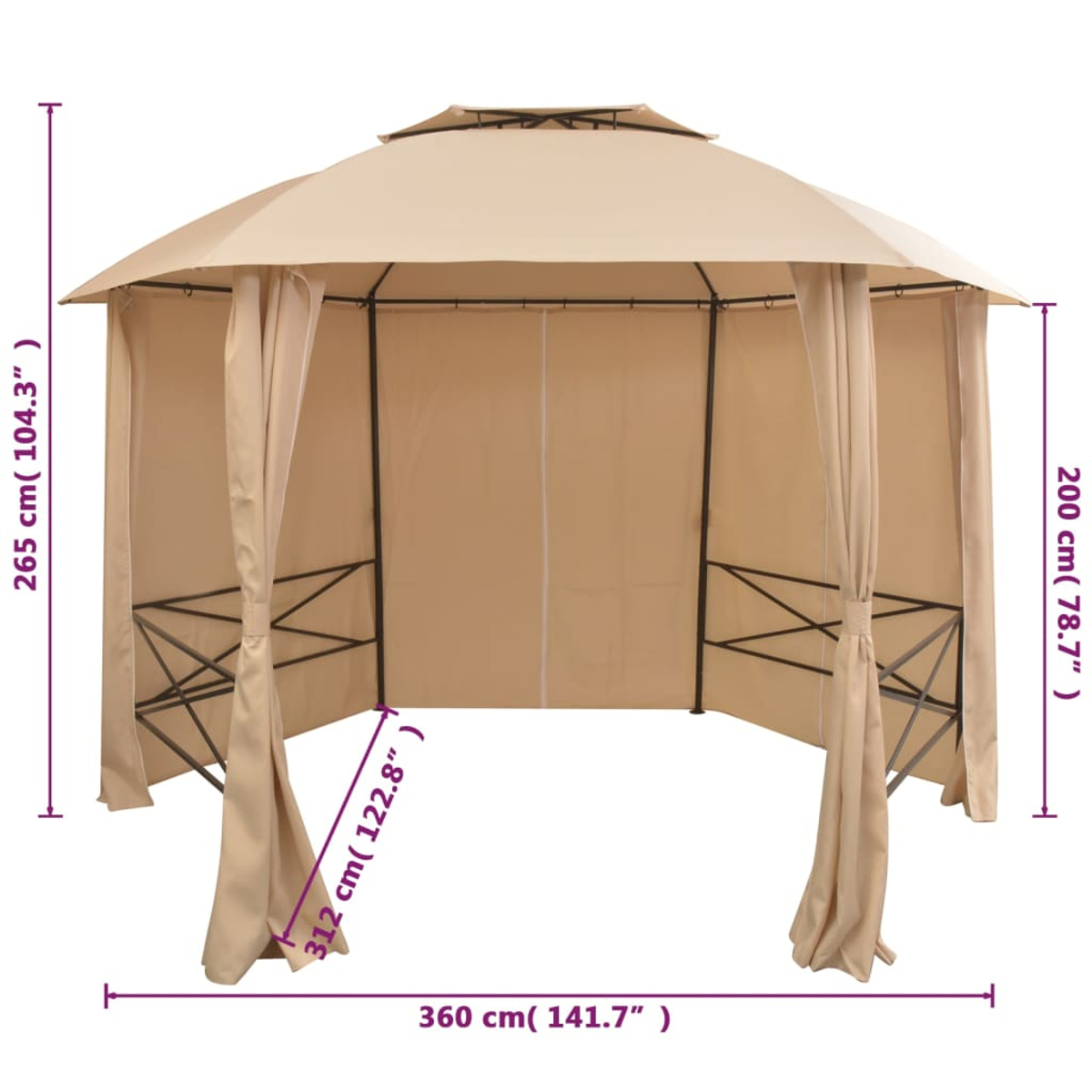 Beigefarbener Outdoor-Pavillon mit Vorhängen, Maße: 360 cm breit, 200 cm hoch.