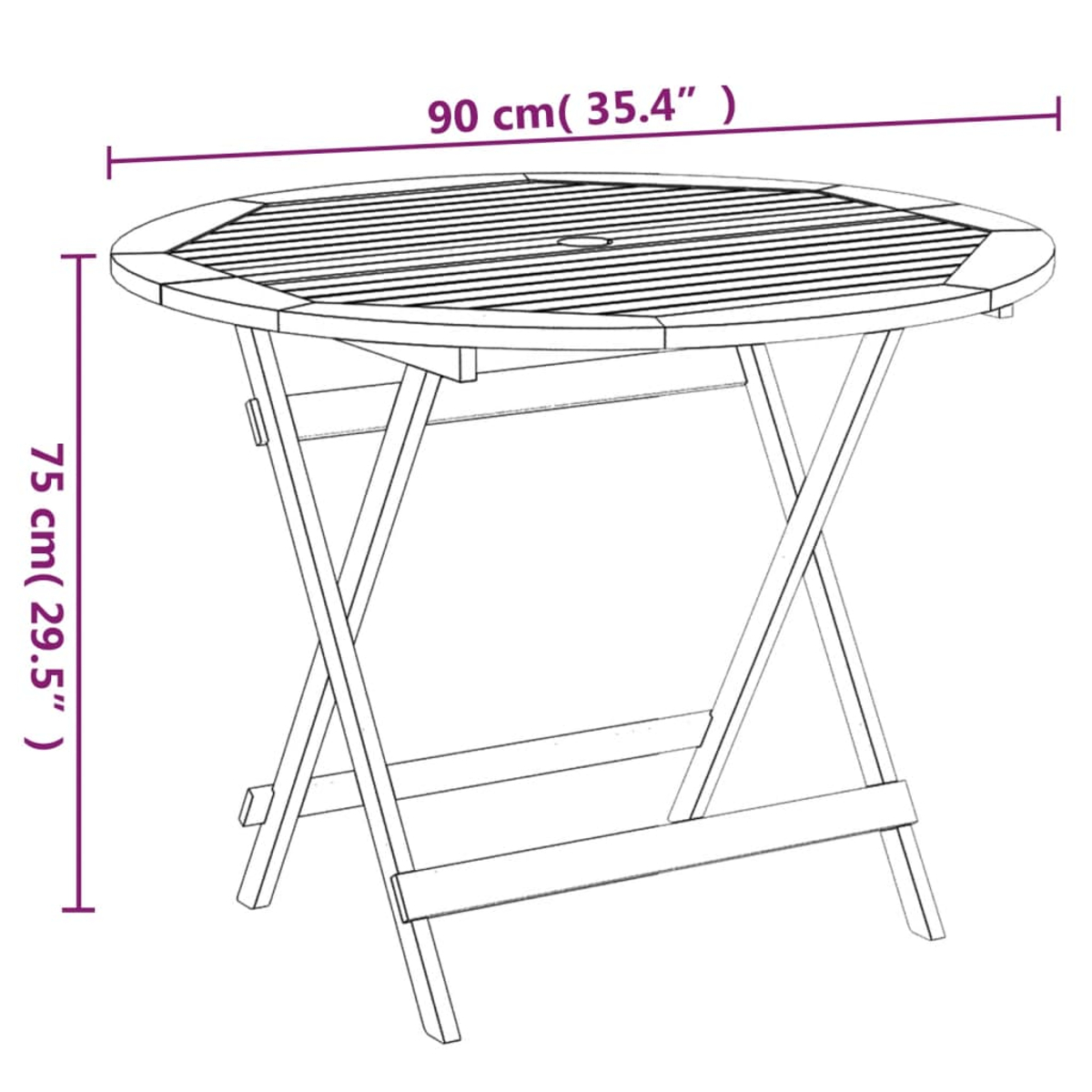 Ein runder, klappbarer Holztisch mit in cm und Zoll beschrifteten Abmessungen.