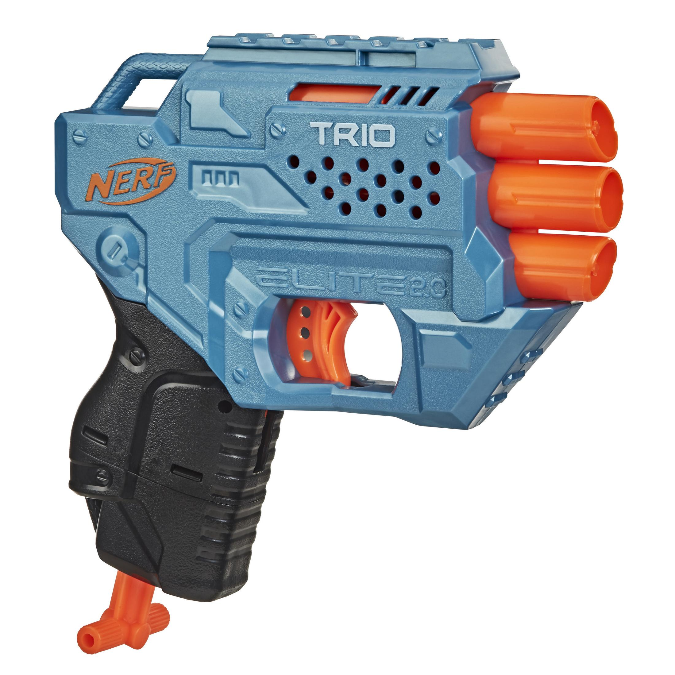 Una pistola Nerf blu con dettagli arancioni. La pistola ha tre canne arancioni e un'impugnatura nera.