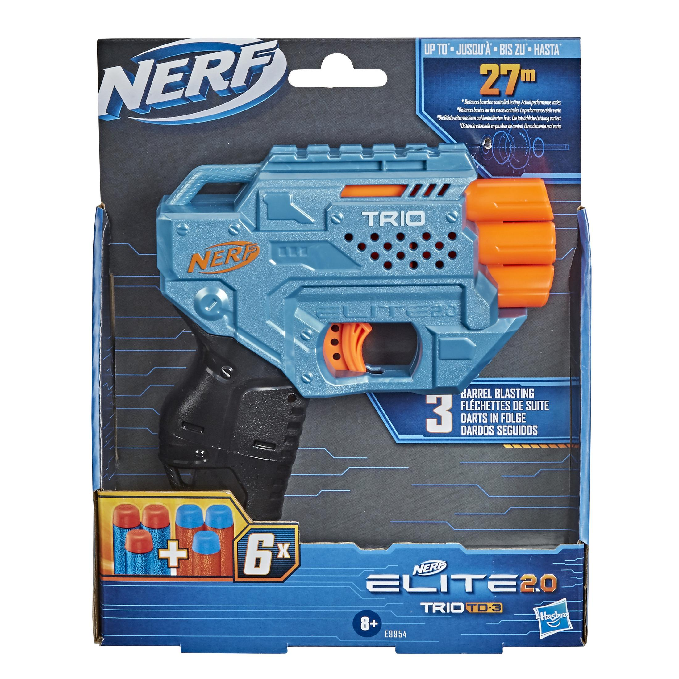 Pistola Nerf blu in scatola con accessori. La pistola è blu e arancione, con un'impugnatura nera.