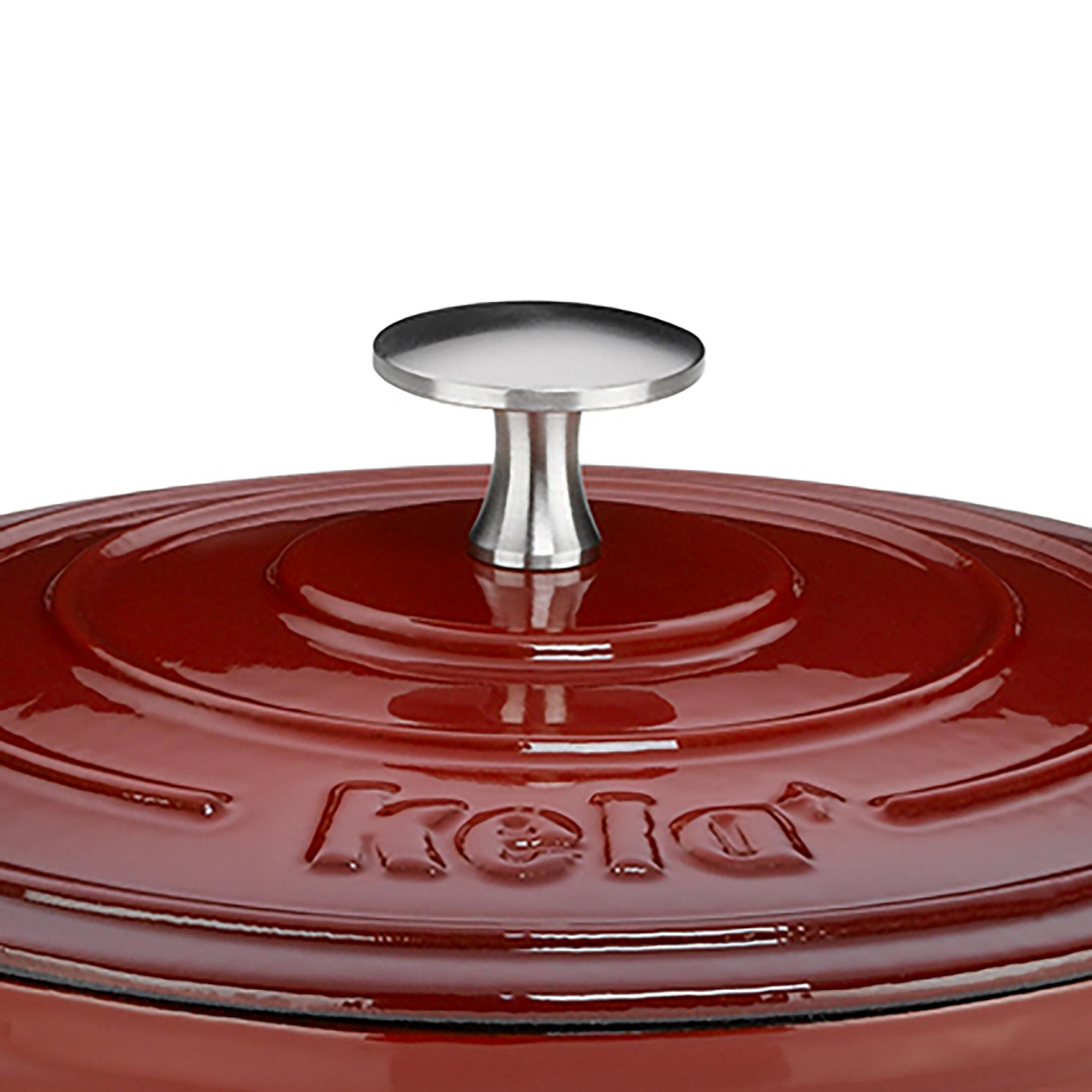 Roter Kela-Topfdeckel mit silberfarbenem Griff. Nahaufnahme. Weißer Hintergrund.