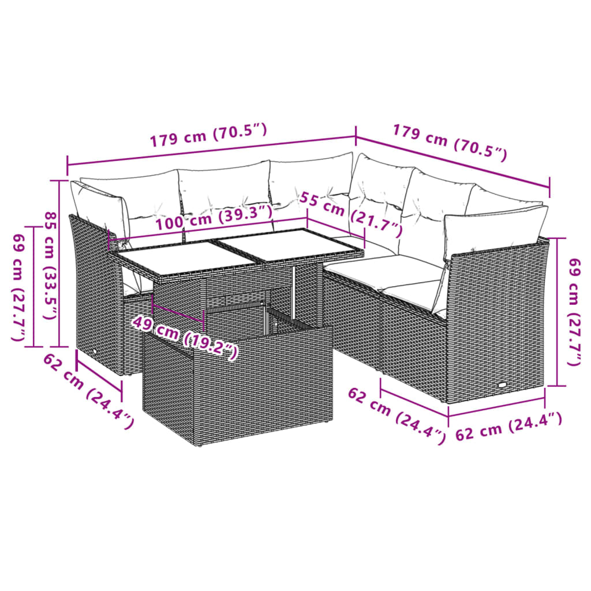 Diagramm eines Rattan-Gartenmöbelsets mit Abmessungen in cm und Zoll auf weißem Hintergrund.