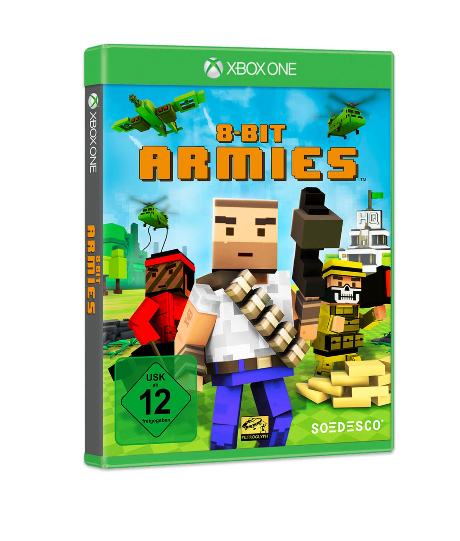 Xbox One Spielbox. Grüner Umschlag. Pixelige Charaktere kämpfen.