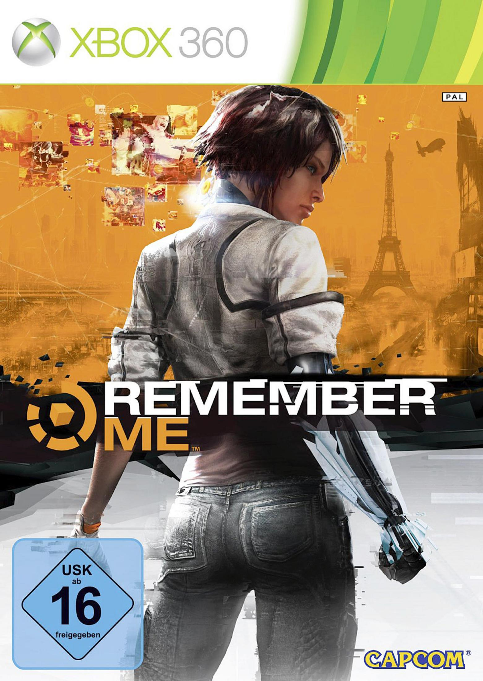 Spiel-Cover mit Frau mit Metallarm. Titel: Remember Me. Orangefarbener und grauer Hintergrund.