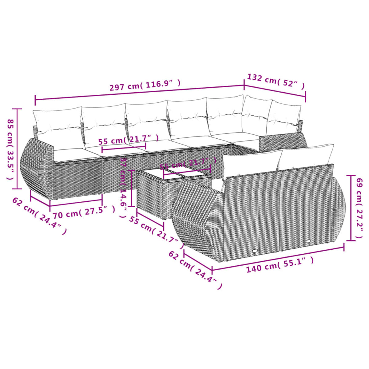Ein Outdoor-Korb-Set mit markierten Abmessungen. Enthält Sofa, Tisch und zwei Stühle.