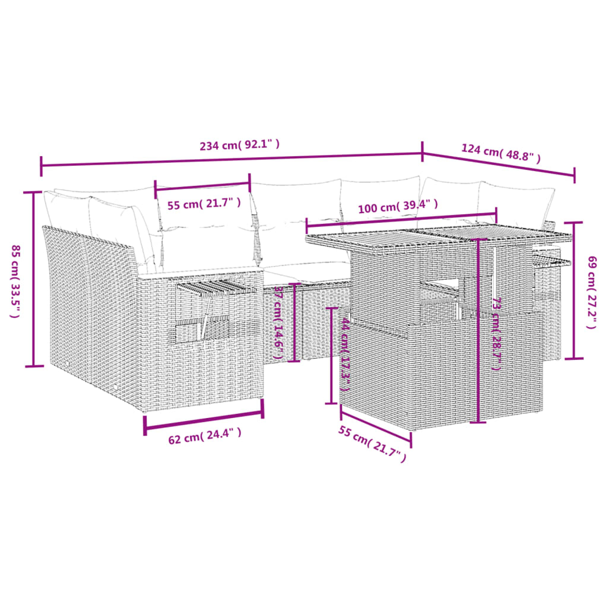 Diagramm des Outdoor-Sitzsets mit Abmessungen in Zentimetern.