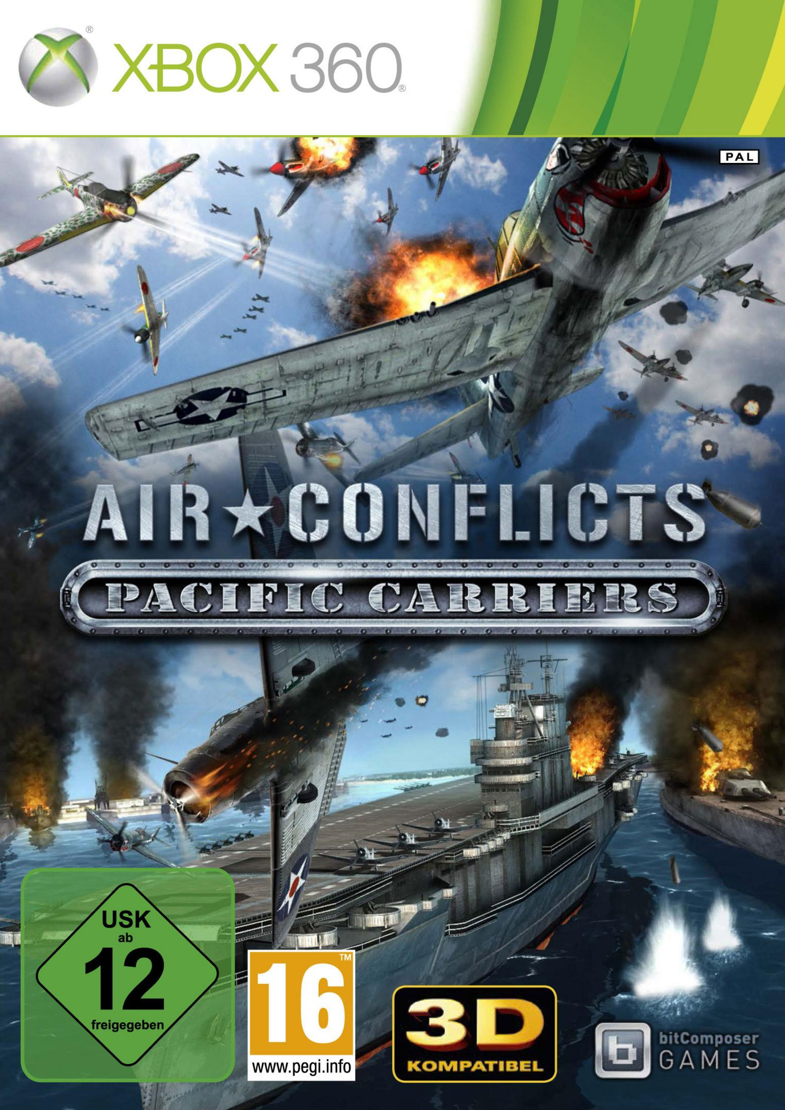 Das Spielcover von Air Conflicts Pacific Carriers. Flugzeuge und Schiffe im Kampf. Das Xbox 360 Logo.