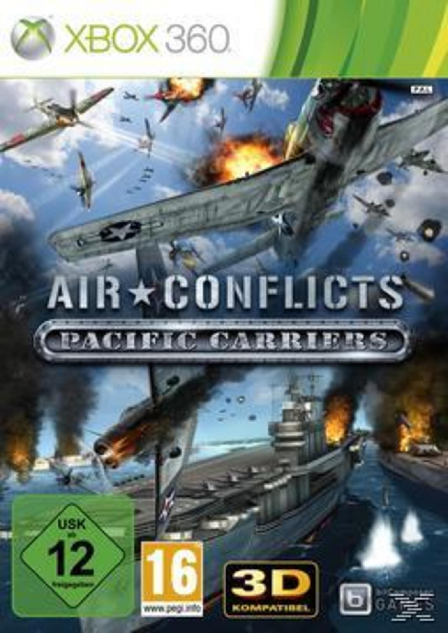 Das Spielcover von Air Conflicts Pacific Carriers. Flugzeuge und Schiffe im Kampf. Das Xbox 360 Logo.