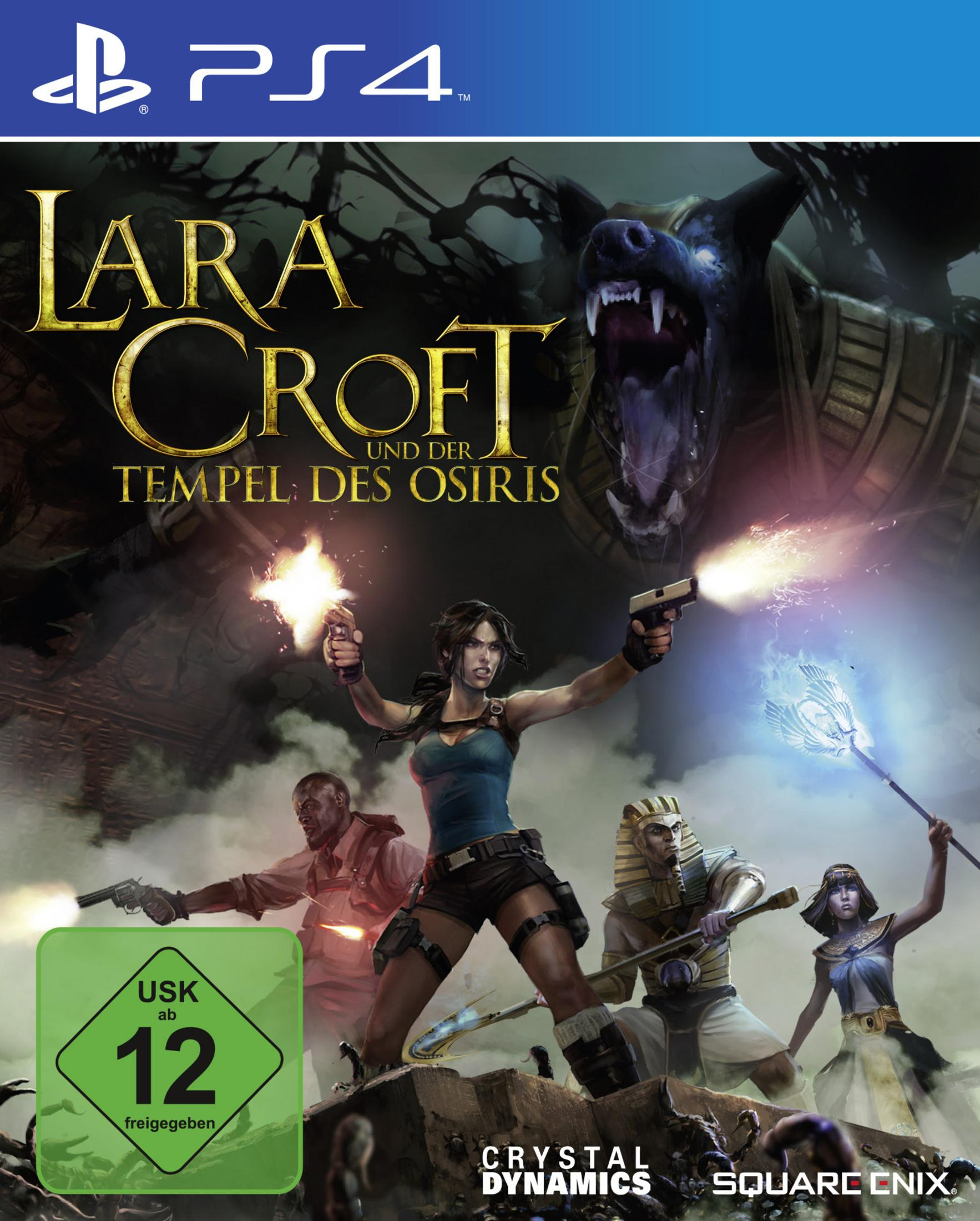 Videospiel-Cover für Lara Croft und den Tempel des Osiris auf PS4. Lara hält Waffen.
