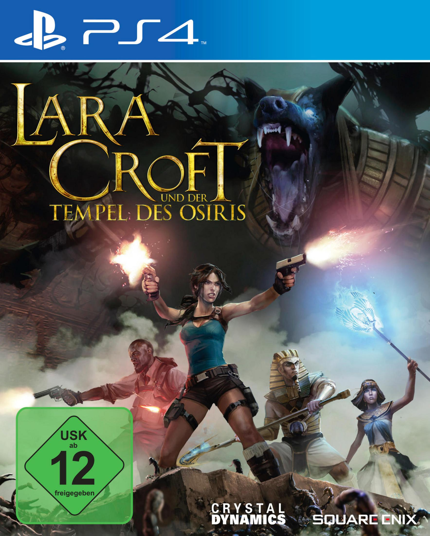 Videospiel-Cover für Lara Croft und den Tempel des Osiris auf PS4. Lara hält Waffen.