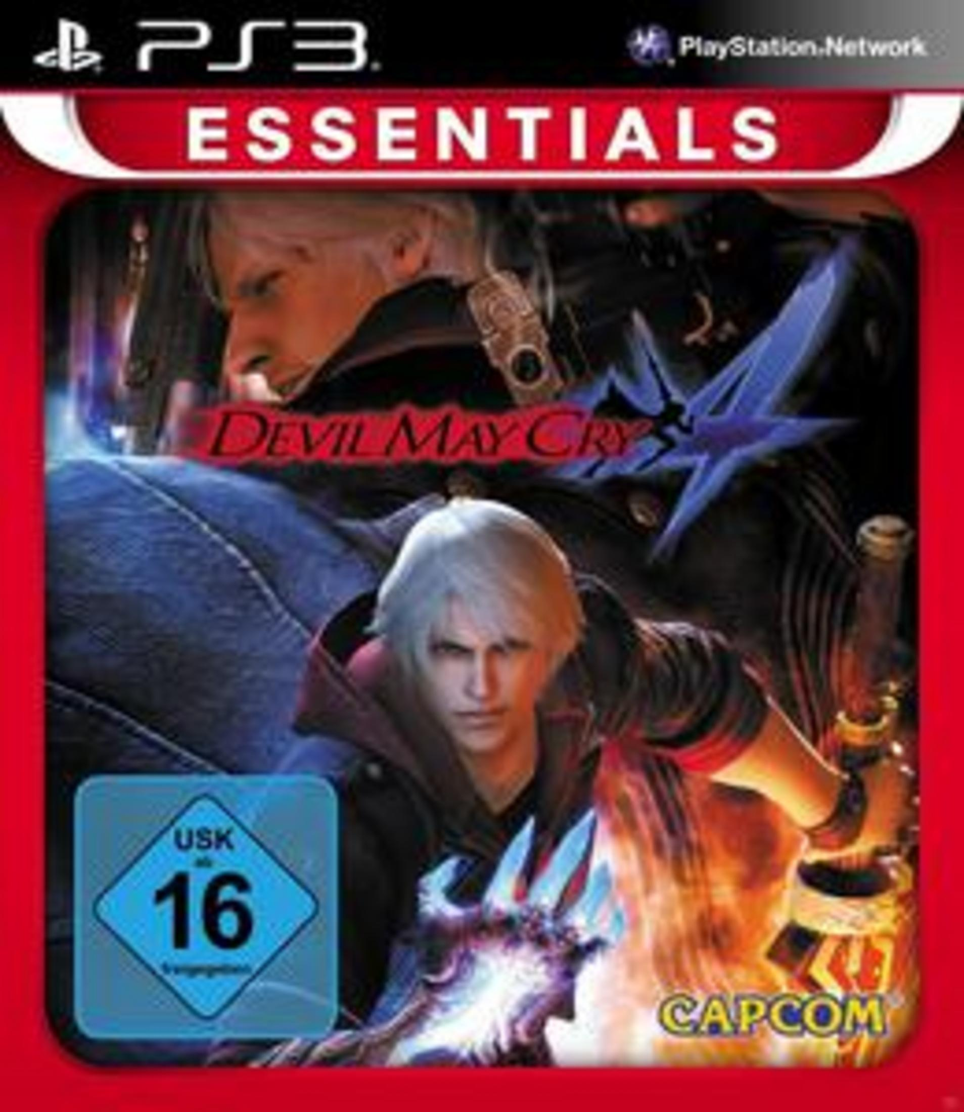 Videospiel-Cover für Devil May Cry: Essentials auf PS3. Ein Mann mit weißen Haaren steht im Mittelpunkt.
