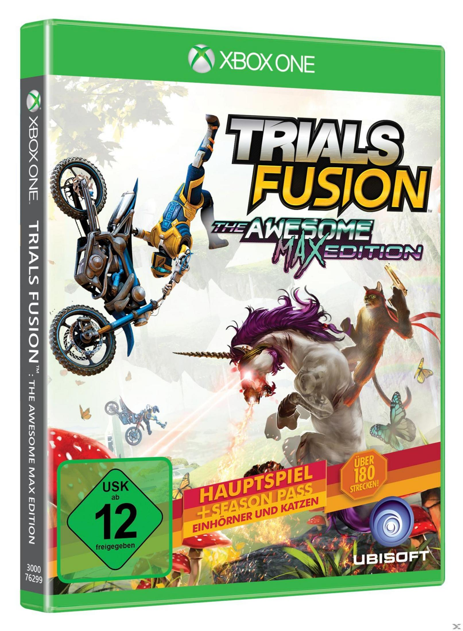 Spielbox-Art: ein Fahrer auf einem Motorrad, ein Einhorn, eine Katze und eine stürzende Figur, alles über einem farbenfrohen Hintergrund.