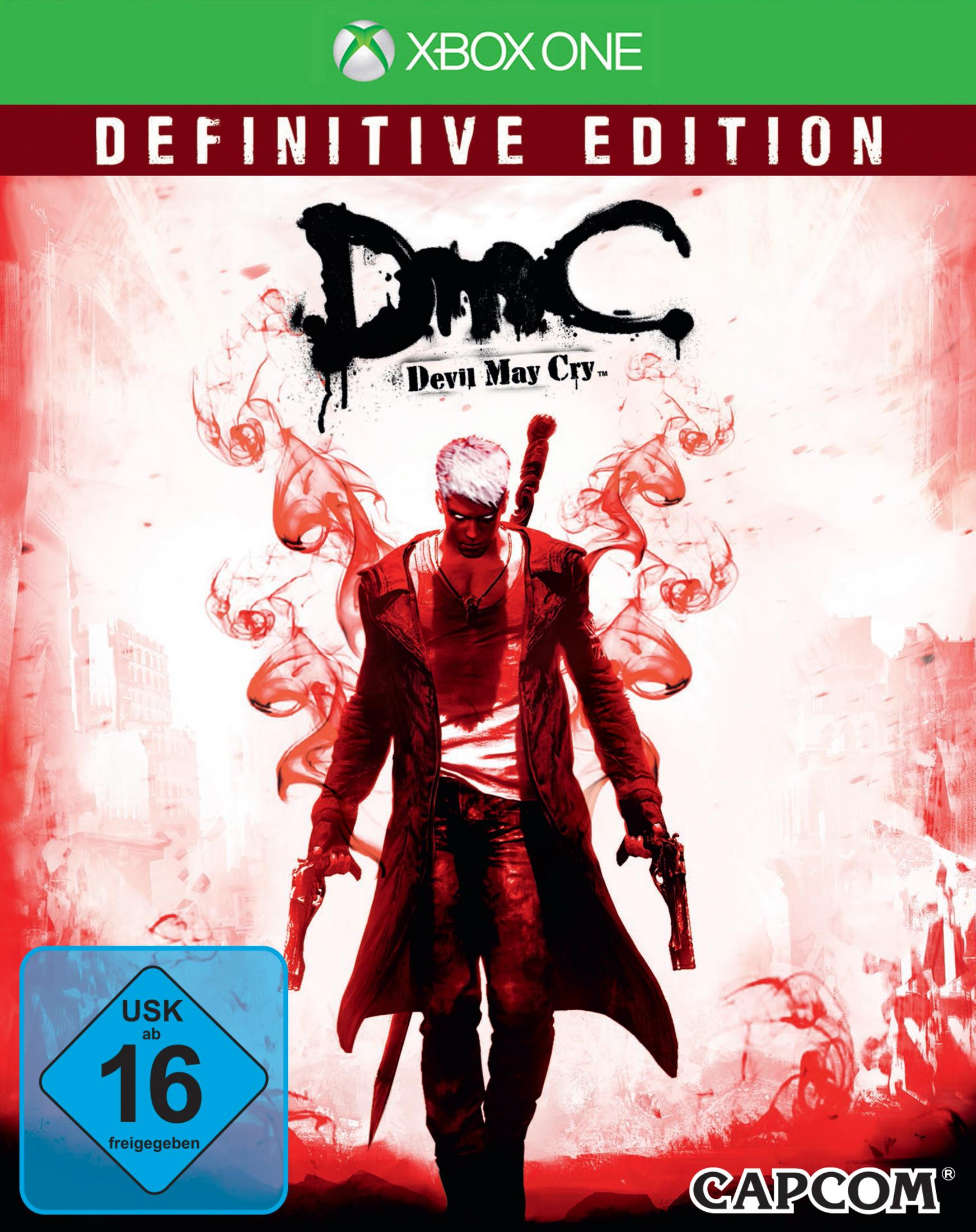 DMC: Devil May Cry-Spielcover mit einem Mann, der Waffen hält, und rotem Hintergrund.