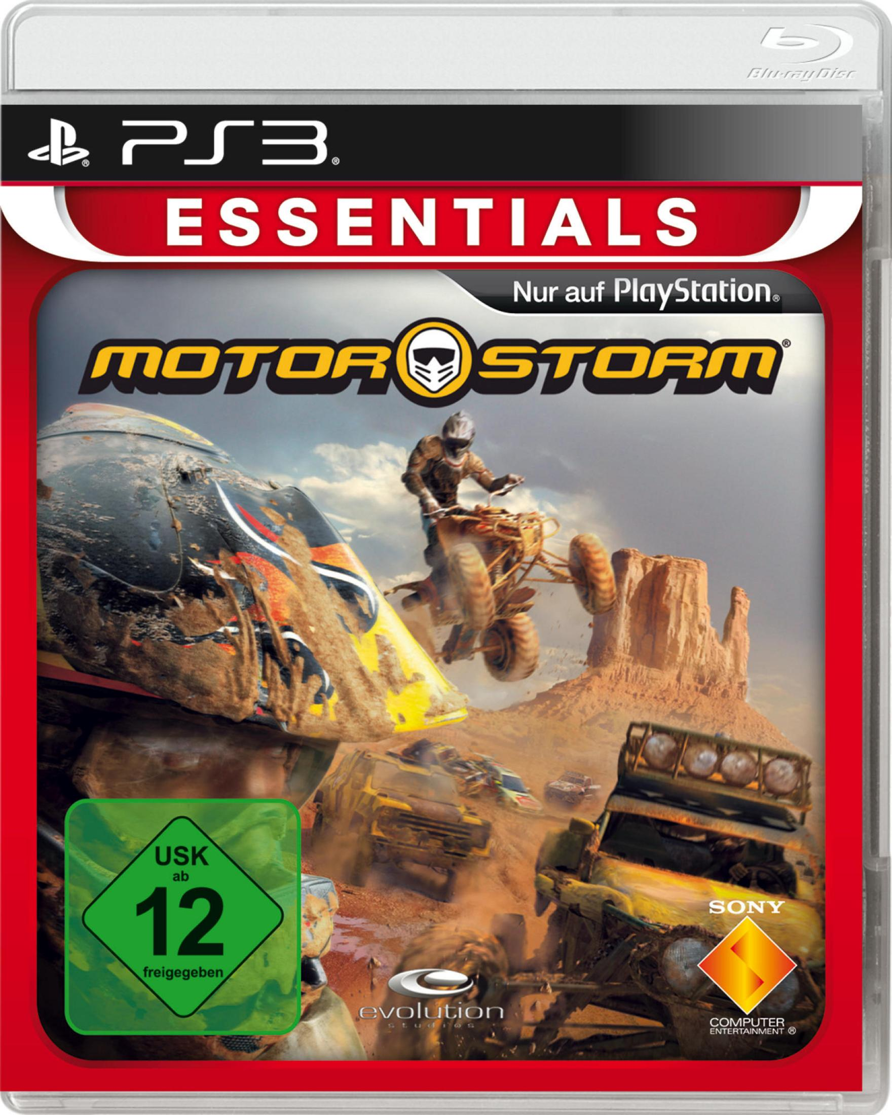 Spiel-Box-Art für "Motorstorm" mit Offroad-Fahrzeugen, die durch eine staubige Landschaft rasen.