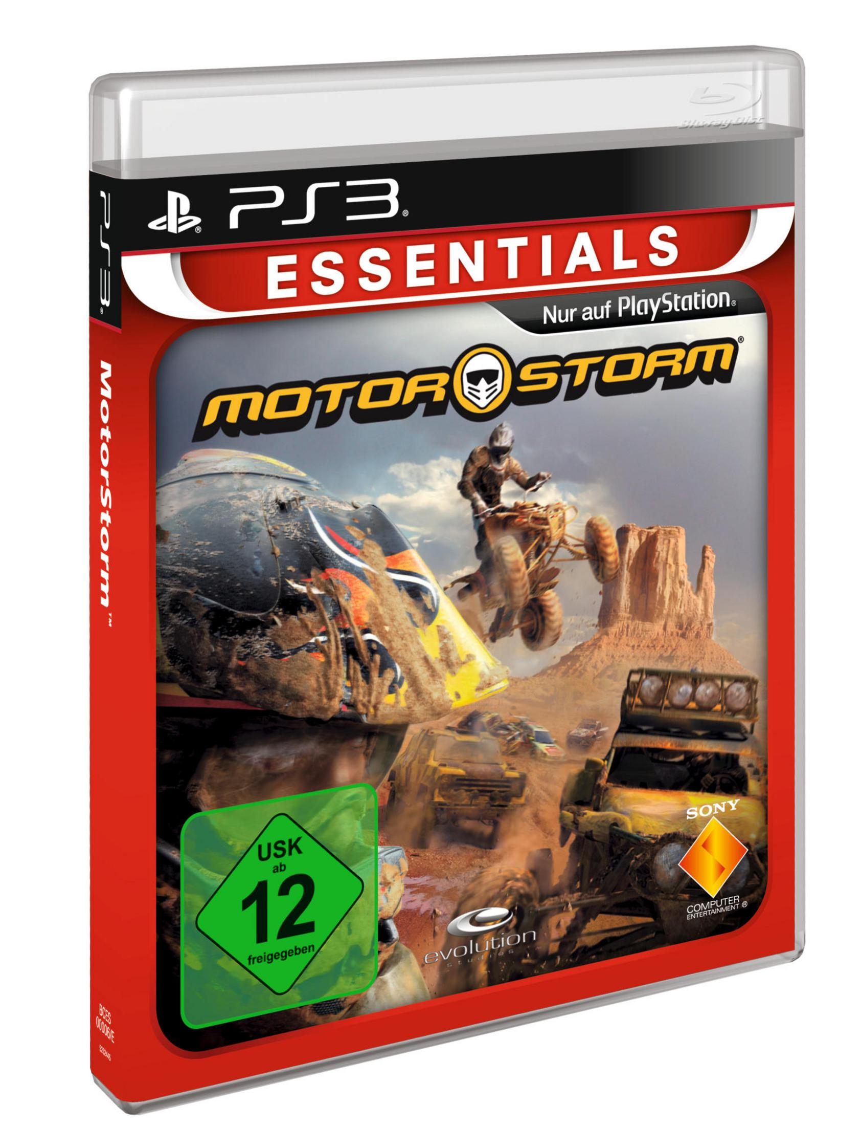 MotorStorm PS3-Spielbox. Zeigt eine Rennszene mit Fahrzeugen und Wüstenhintergrund.
