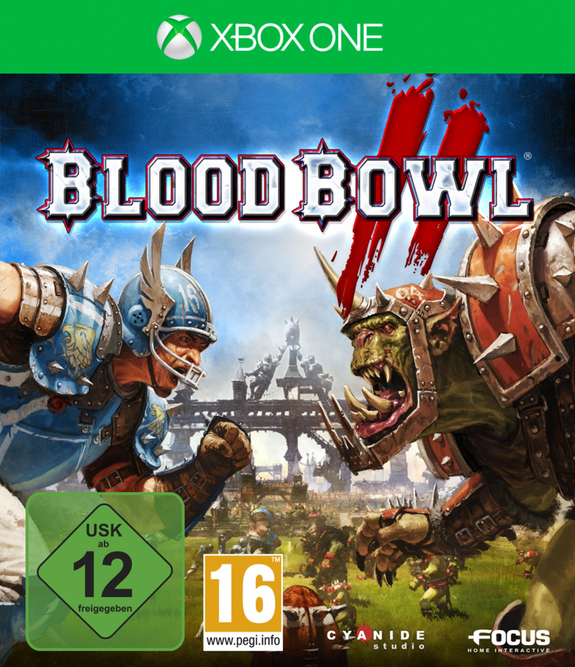 Xbox One-Spielbox für Blood Bowl 3, zeigt zwei orkähnliche Kreaturen im Kampf.