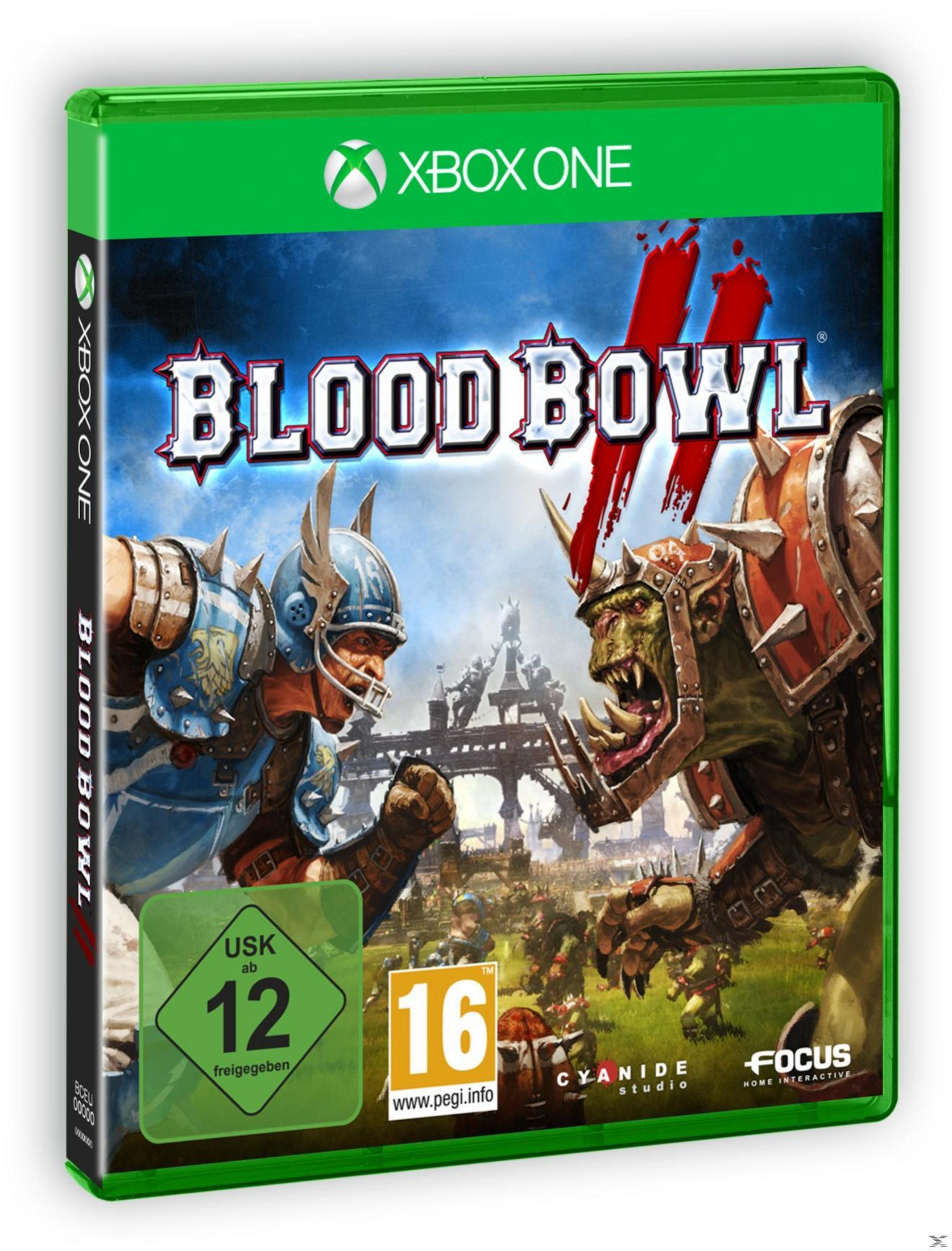 Blood Bowl 2-Spielbox-Art mit zwei Fantasy-Spielern in einem Football-Spiel.