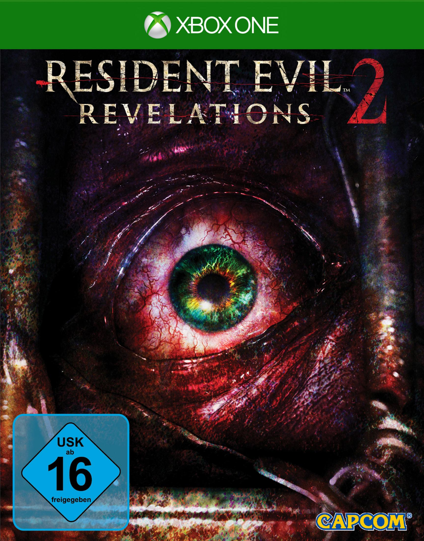 Resident Evil Revelations 2-Spielcover. Ein Auge mit blutigem Hintergrund.