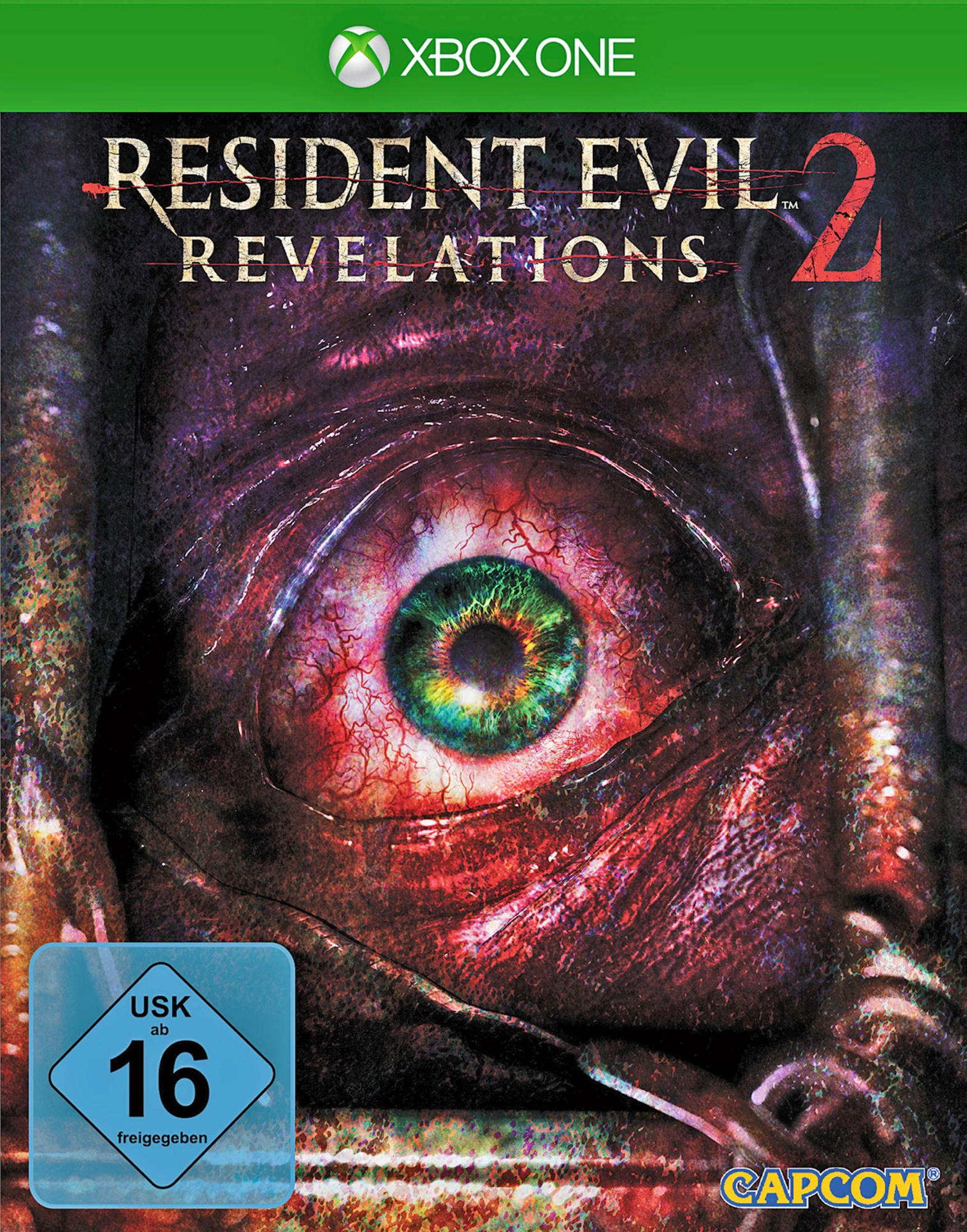 Resident Evil Revelations 2 Videospiel-Cover, mit Nahaufnahme eines monströsen Auges.