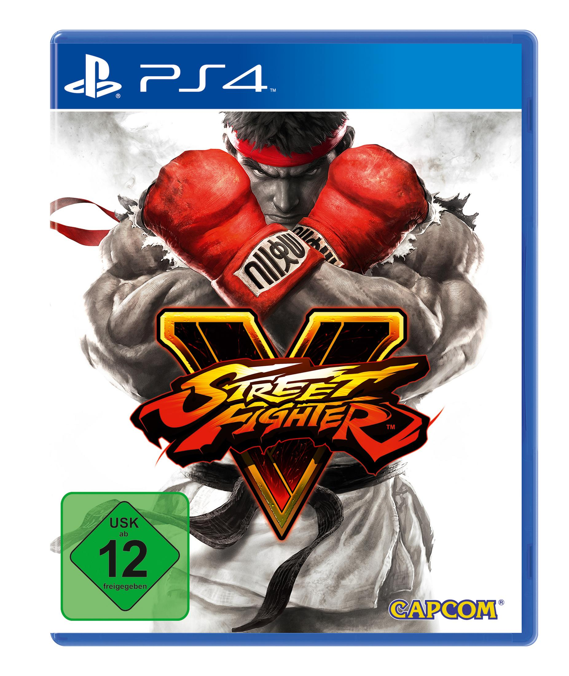 Jaquette du jeu vidéo Street Fighter V, Ryu avec gants rouges, combattant un fond.