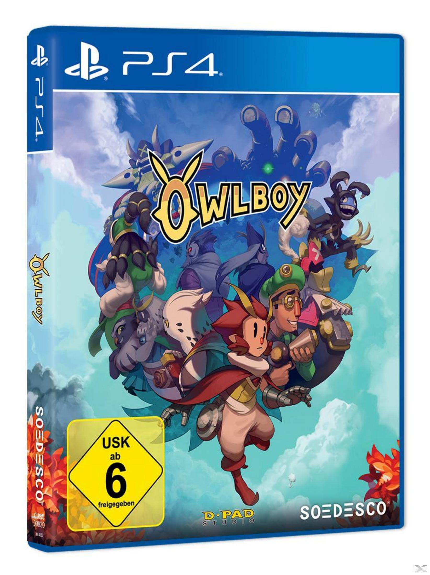 Owlboy PS4-Spielcover. Eine Gruppe von Zeichentrickfiguren mit einer Eule.