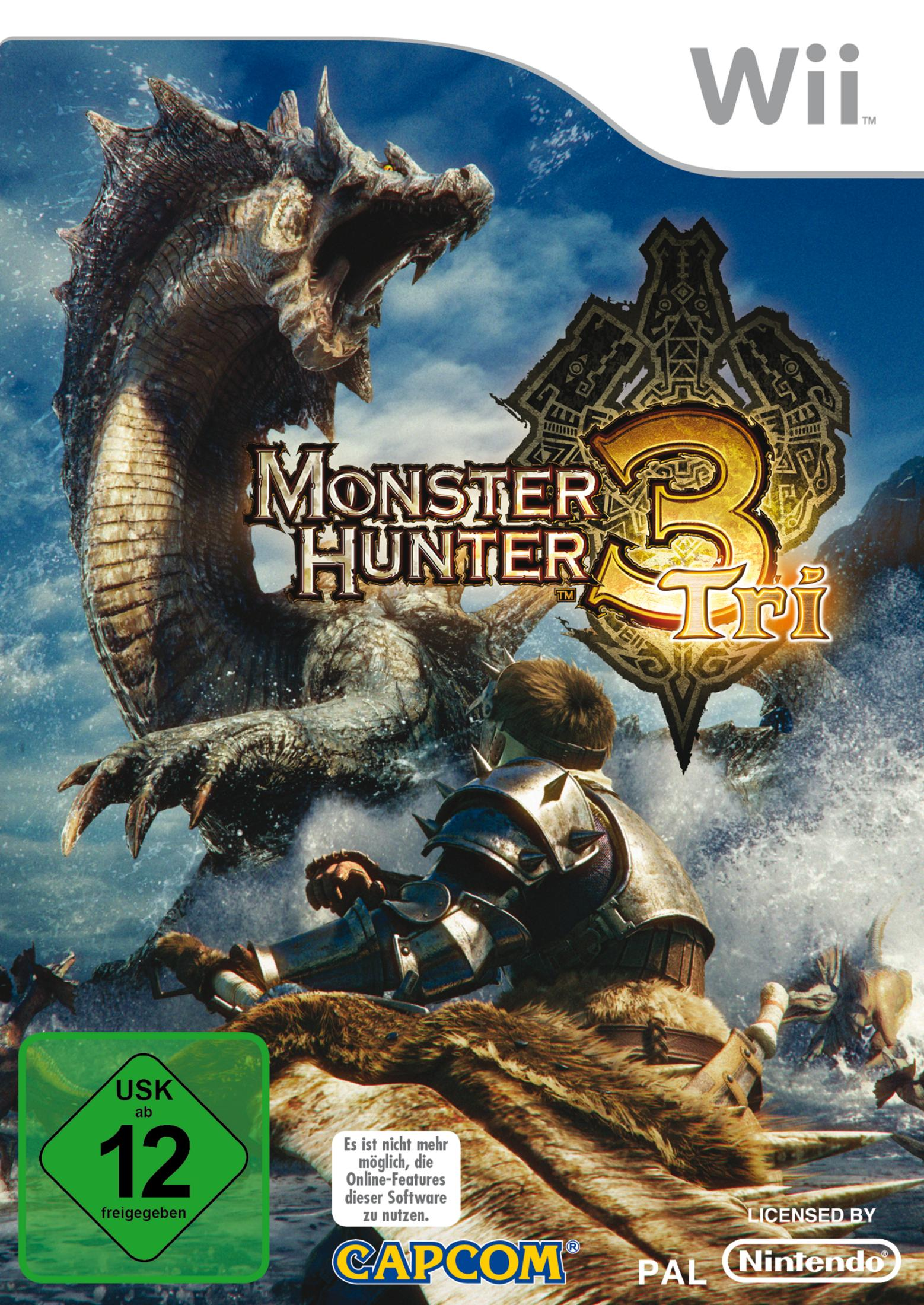 Das Cover eines Wii-Spiels, 'Monster Hunter 3 Tri', mit einem großen Monster und einem Krieger.