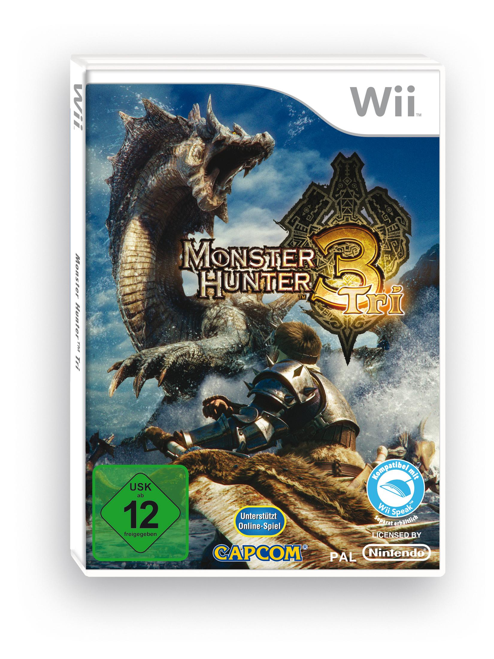 Monster Hunter 3 Tri Wii-Spielcover mit einem Monster und einem Jäger.