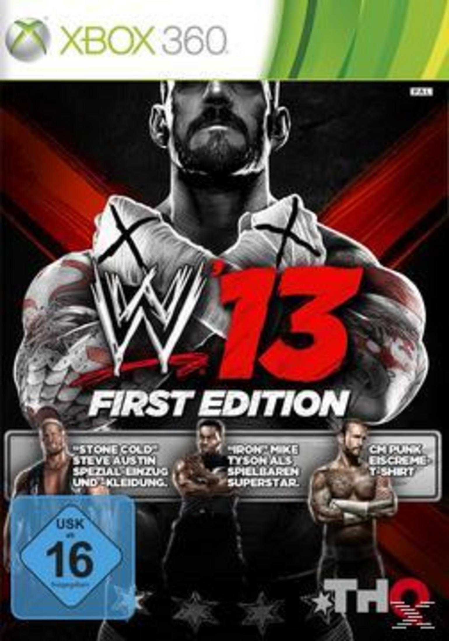 WWE '13 Spielbox-Art. Wrestler auf dem Cover, mit dem WWE-Logo. USK 16.