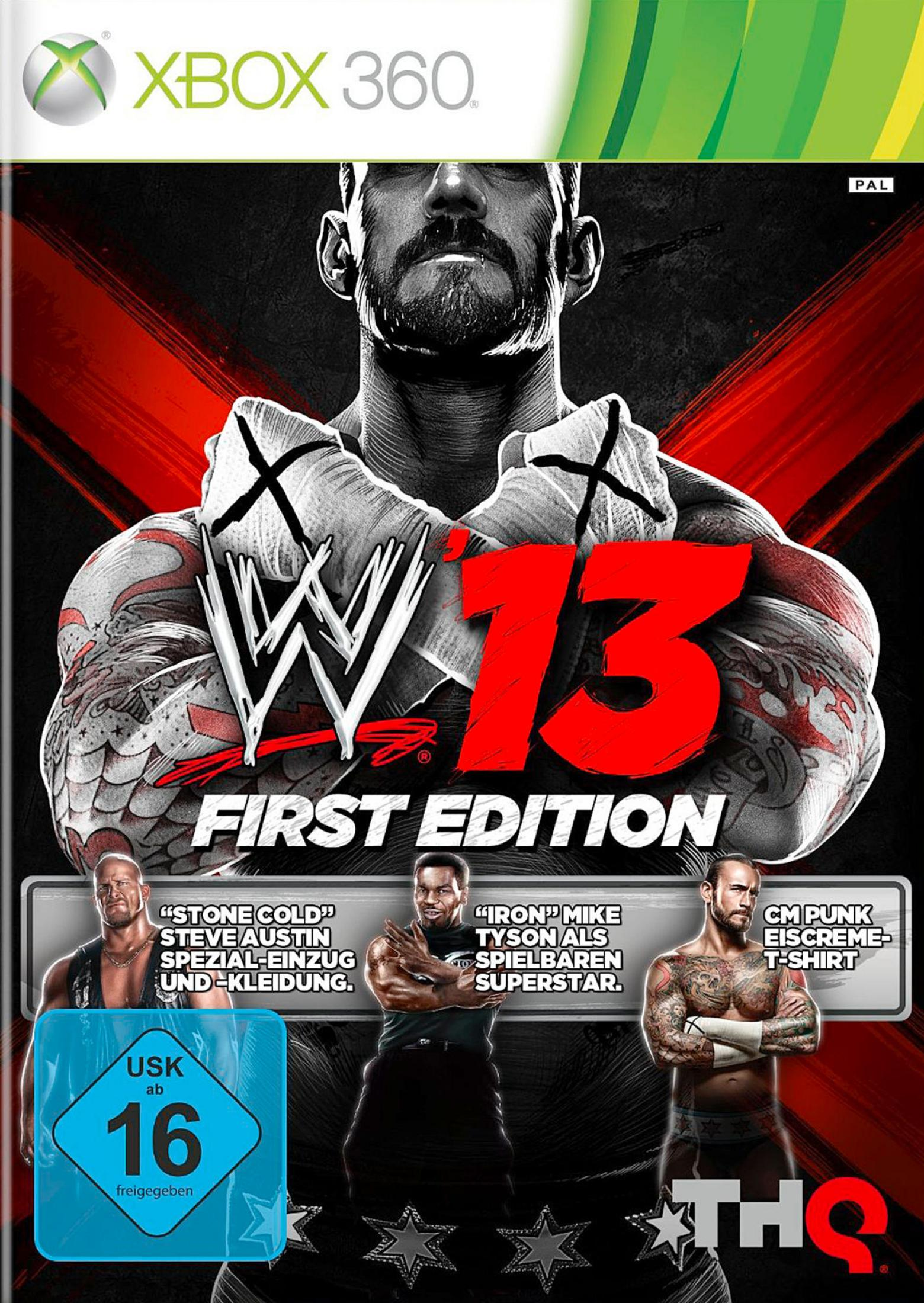 WWE '13 Spielbox-Art. Wrestler auf dem Cover, mit dem WWE-Logo. USK 16.