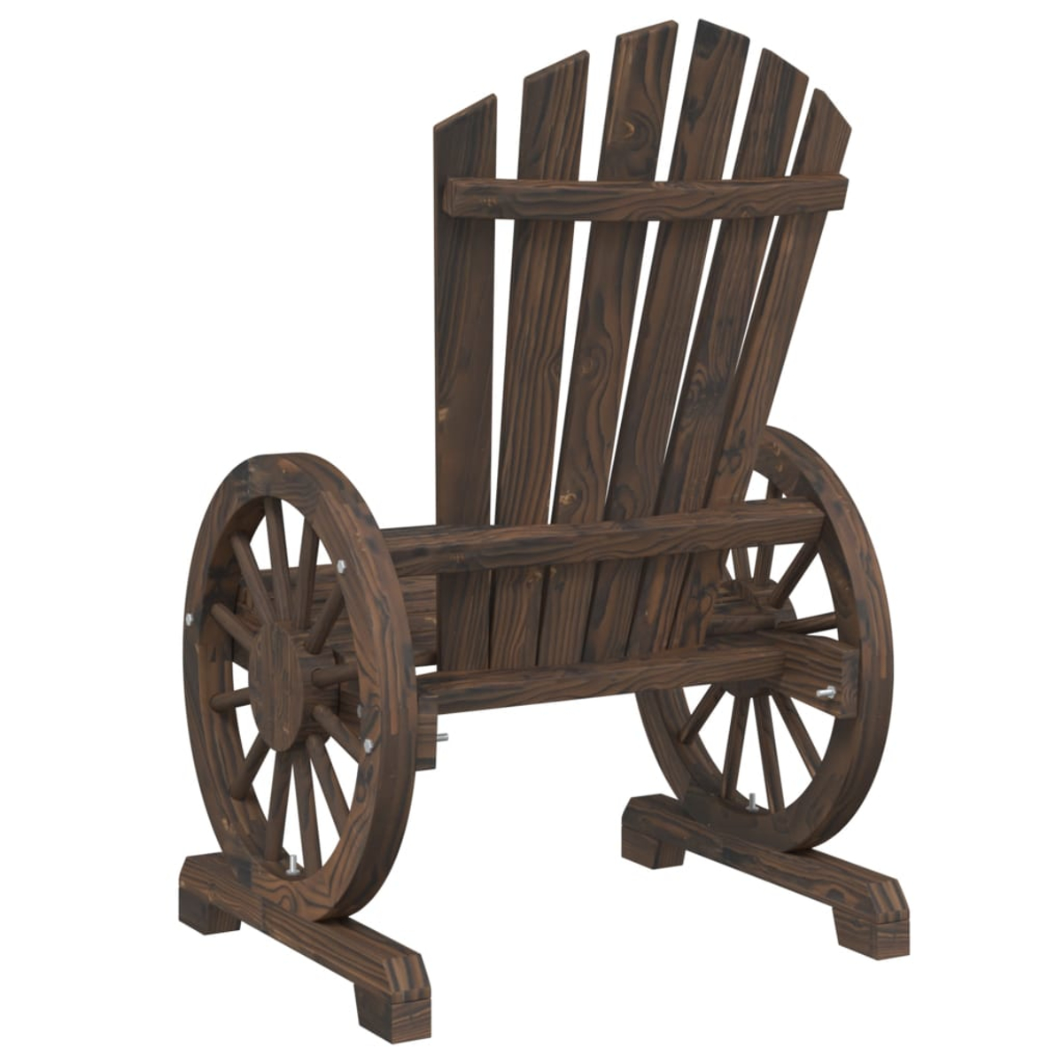 Holzstuhl mit Wagenradseiten. Er ist braun, mit hohem Rücken und steht allein.