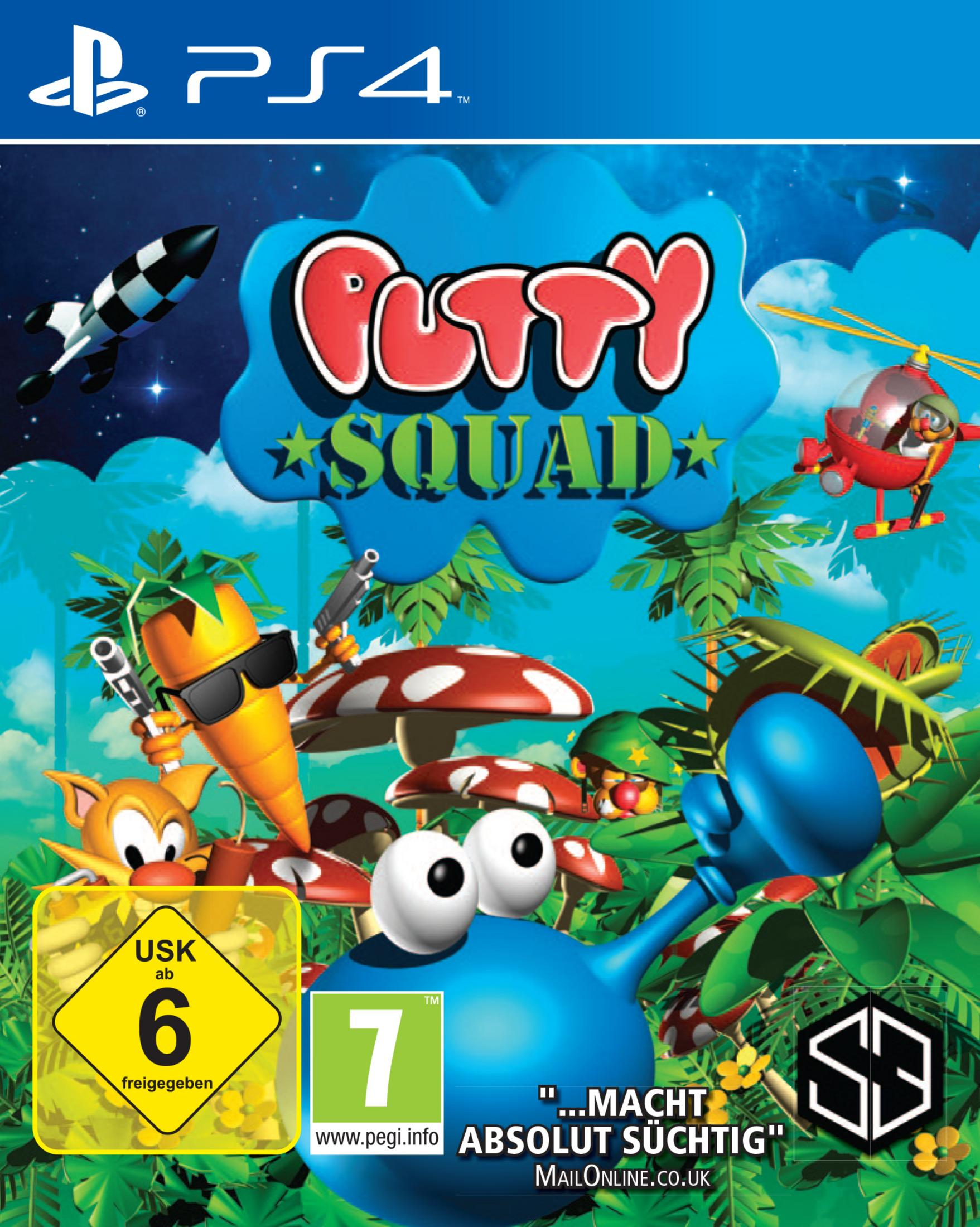 PS4-Spielbox: Putty Squad. Mit Zeichentrickfiguren und Spielszenen mit USK-6-Einstufung.