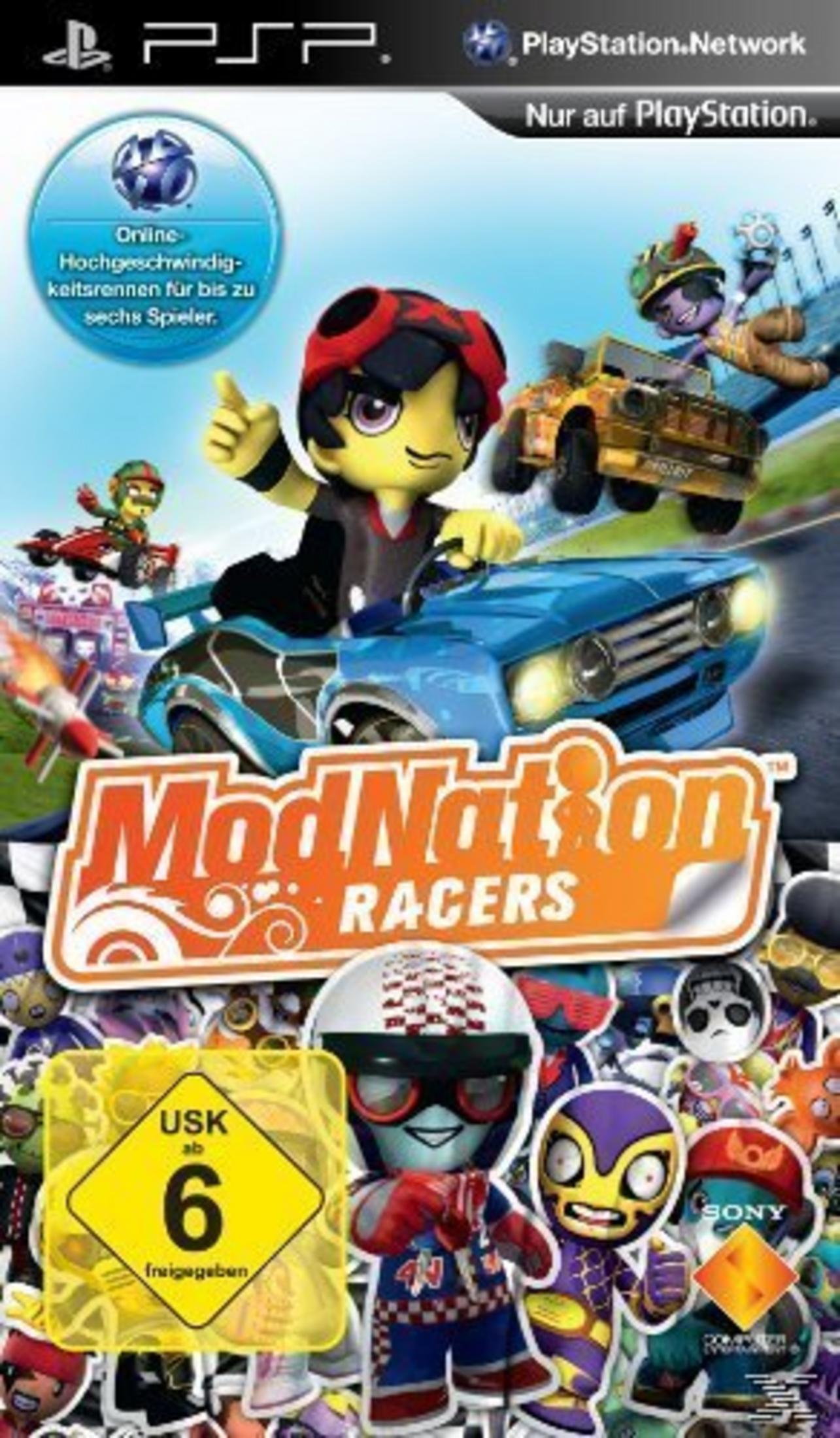 PSP-Spielcover. Zeichentrickfiguren fahren Autorennen. Der Titel lautet 'ModNation Racers'.