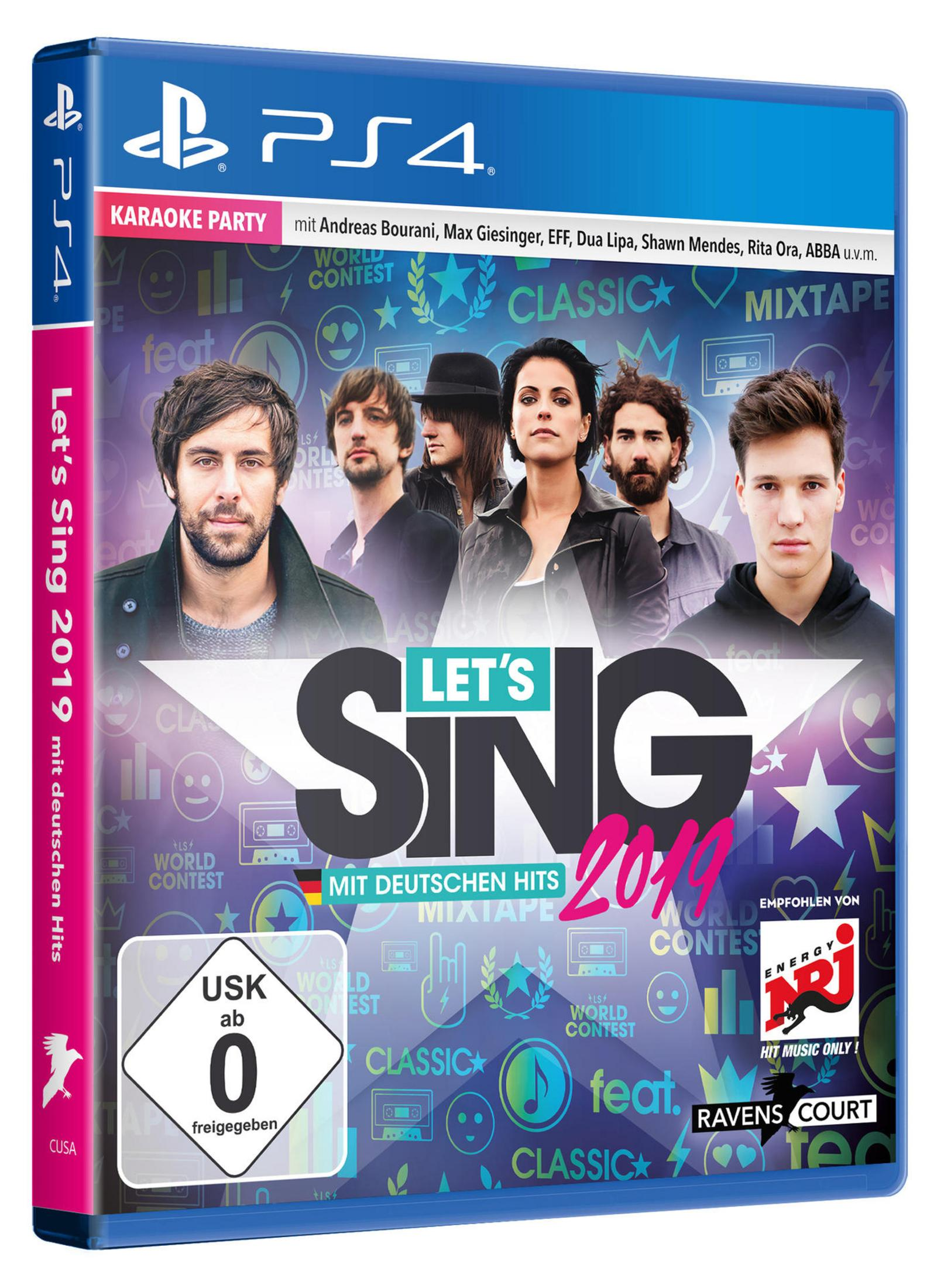 PS4-Spielbox mit einer Gruppe von Personen auf der Vorderseite. Titel: Let's Sing 2019.