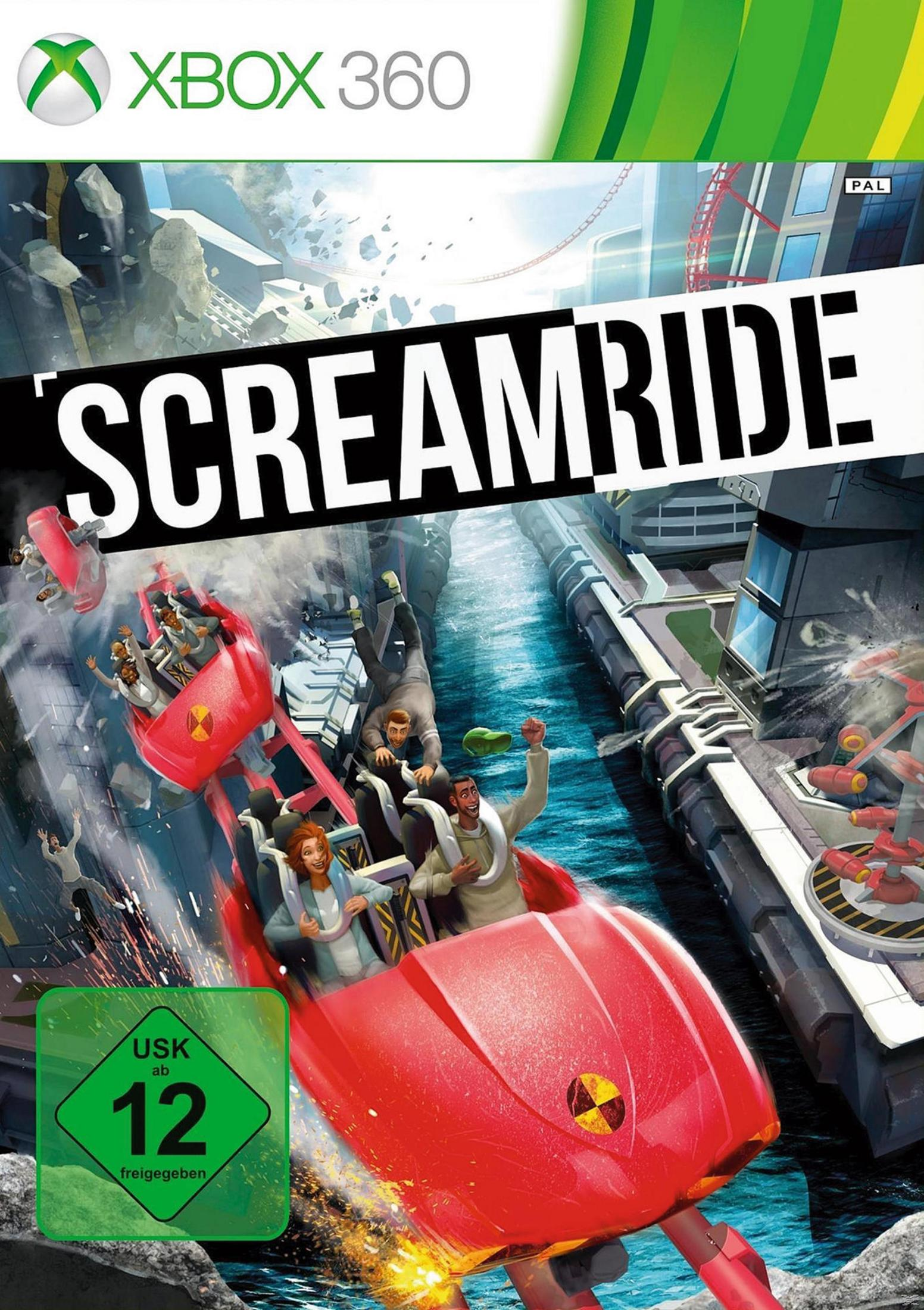 Spielecover: Rote Achterbahn mit Passagieren, Titel 'SCREAMRIDE', XBOX 360 Logo und USK 12 Bewertung.