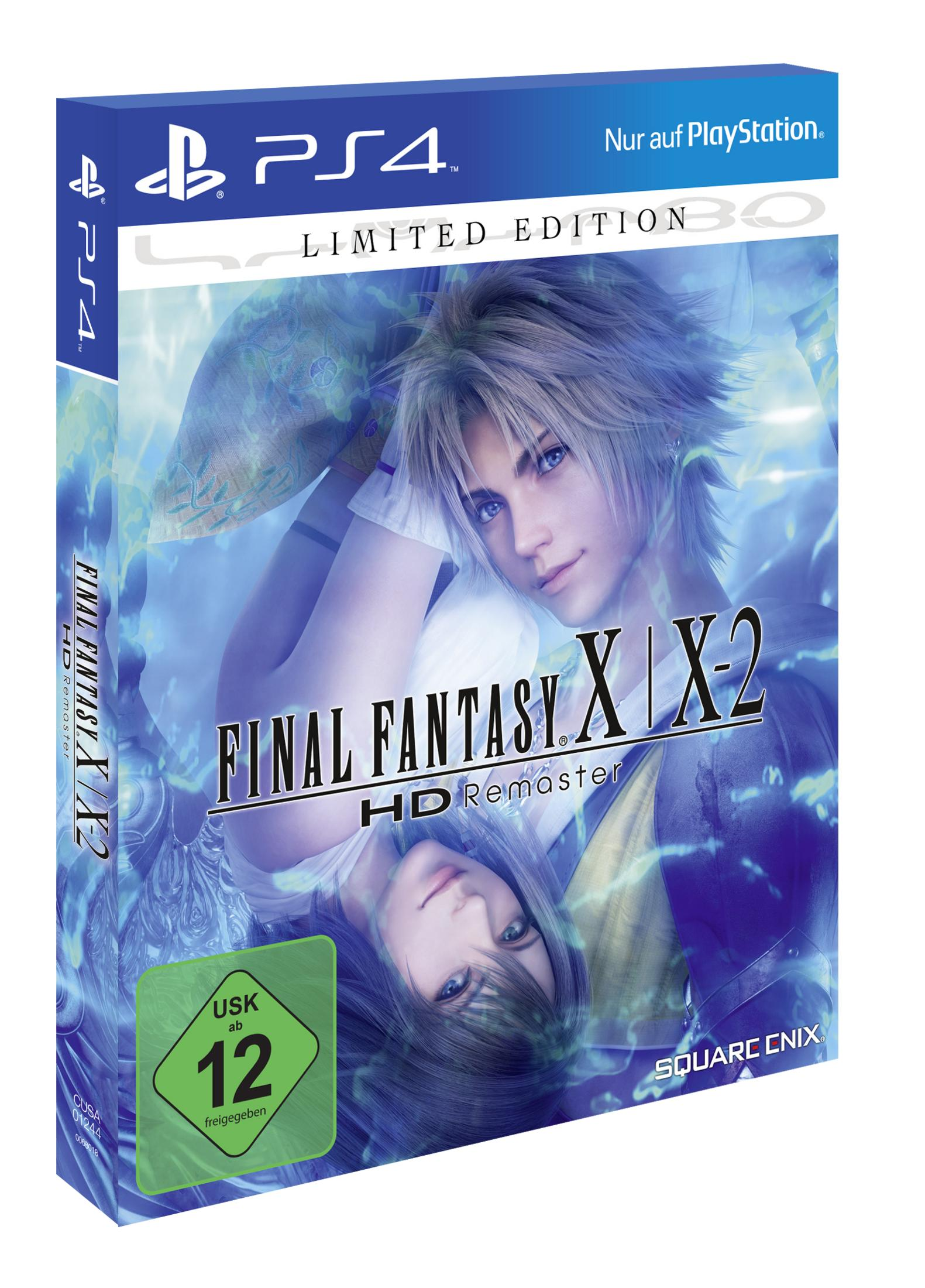 PS4 Spielcover: Anime-Paar, Titel 'Final Fantasy X|X-2 HD Remaster', USK 12 Bewertung, Square Enix Logo.