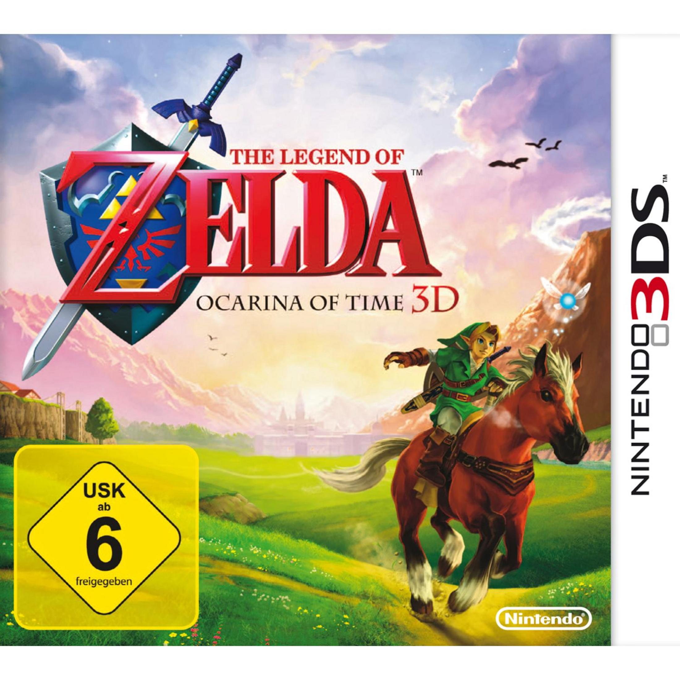 Nintendo 3DS Spielcover: Link auf Pferd, Titel 'The Legend of Zelda Ocarina of Time 3D', USK 6 Bewertung, Nintendo Logo.