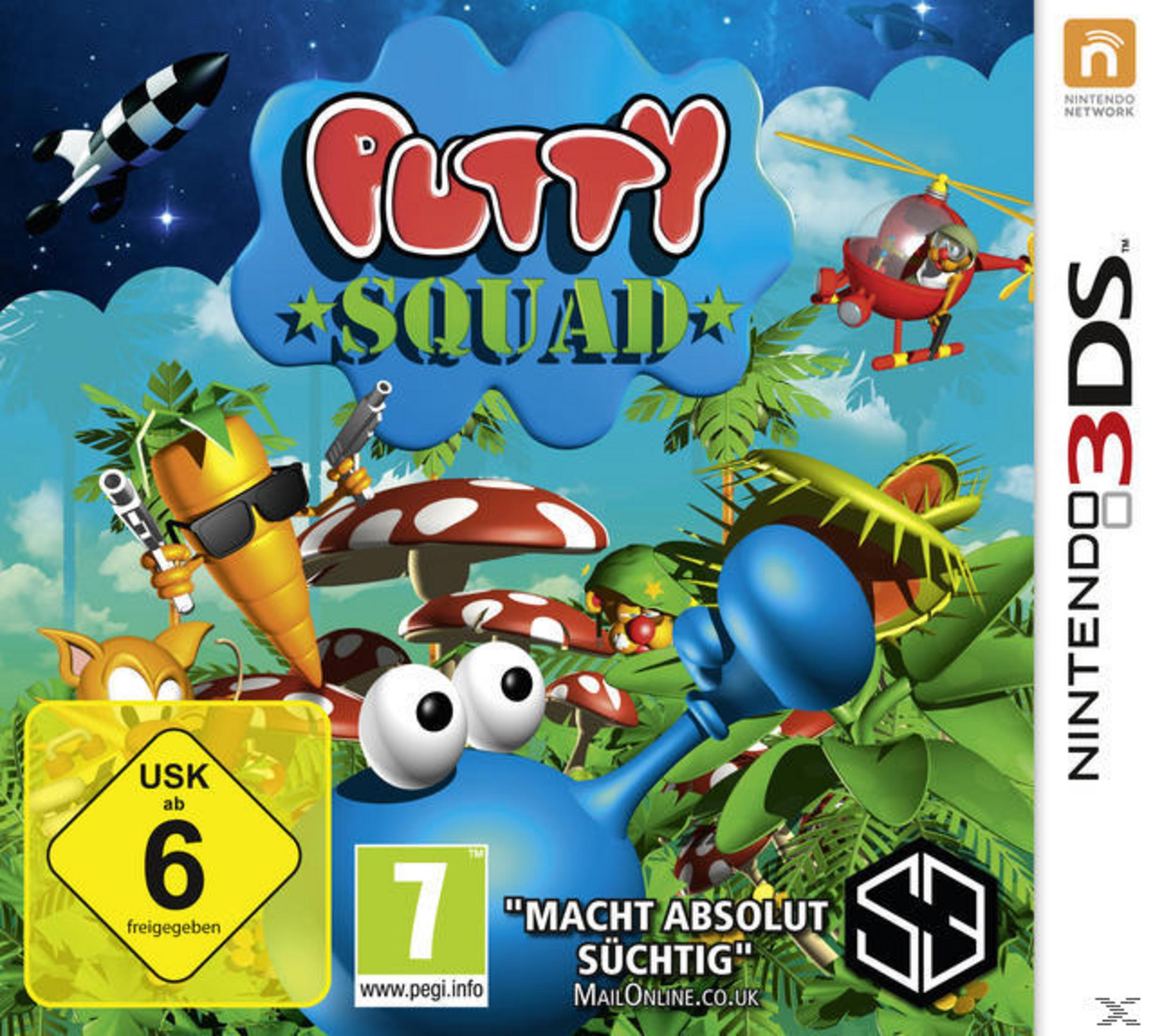 Nintendo 3DS Spielcover: Putty Squad Charaktere, Rakete, Hubschrauber und ein blauer Blob mit einer Waffe.