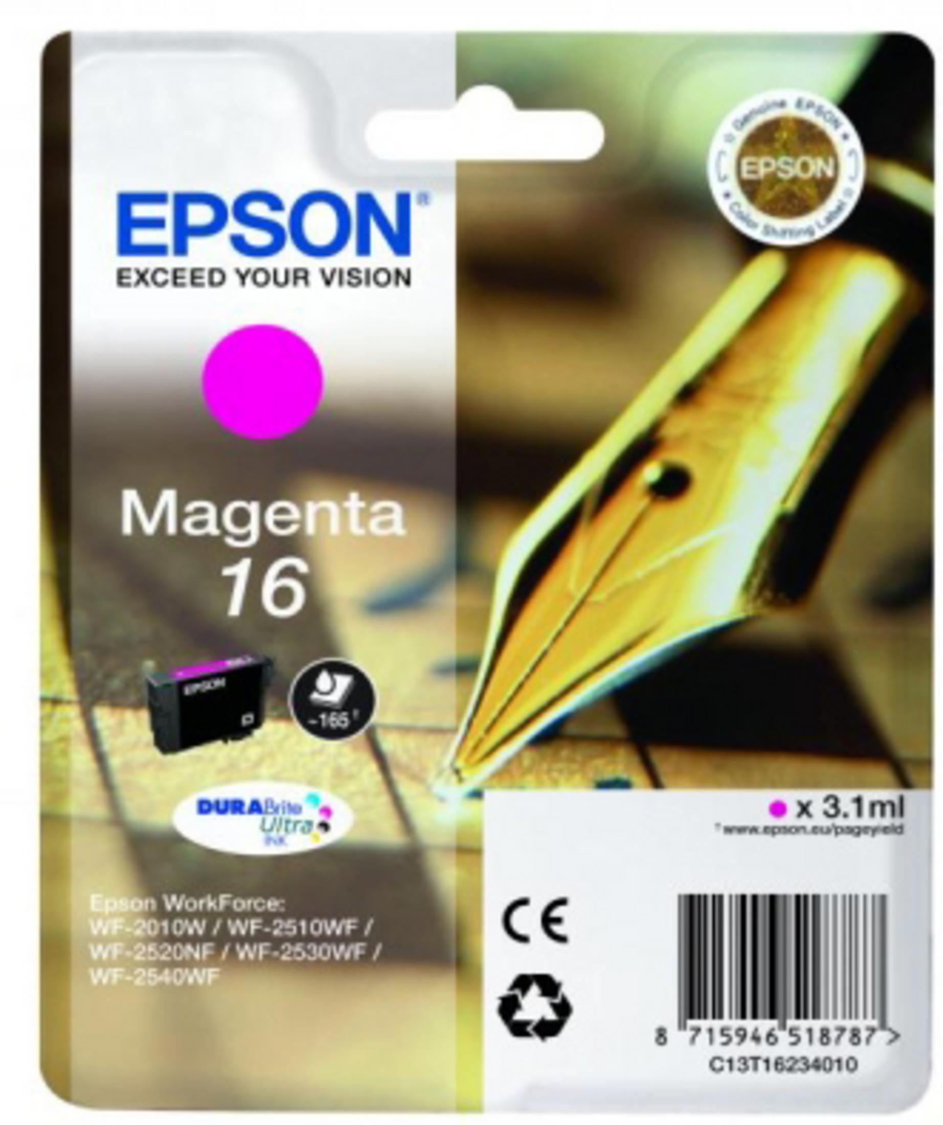 Confezione della cartuccia d'inchiostro magenta Epson. La cartuccia e la penna sono visibili.