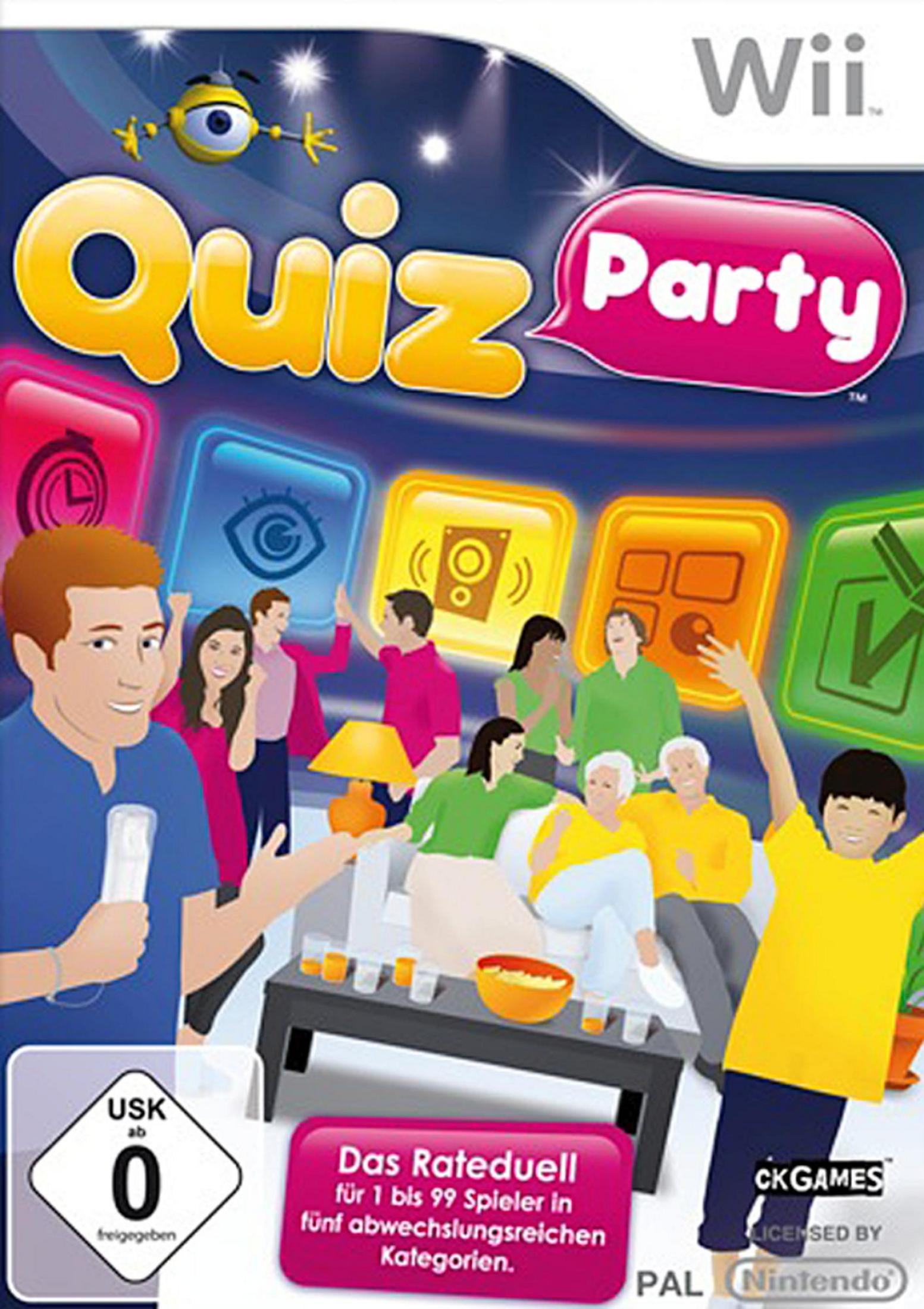 Wii-Spielcover, Quiz Party, mit Leuten, die Spiele spielen und farbenfrohen Quadraten.
