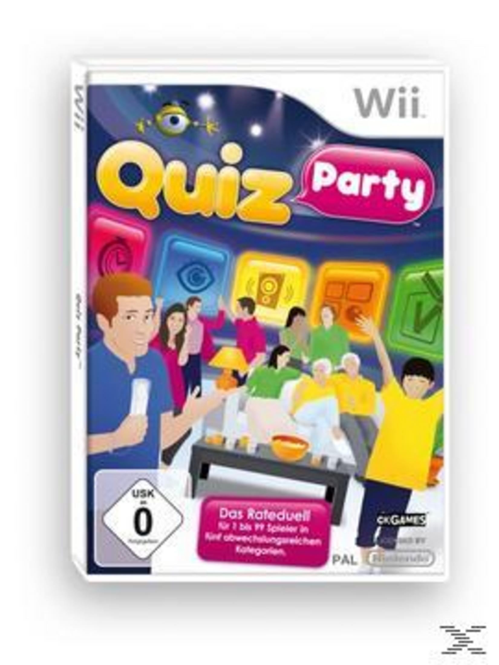 Wii Spielcover: Leute spielen Quizspiel, Titel 'Quiz Party', USK 0 Bewertung, farbige Spielsymbole.