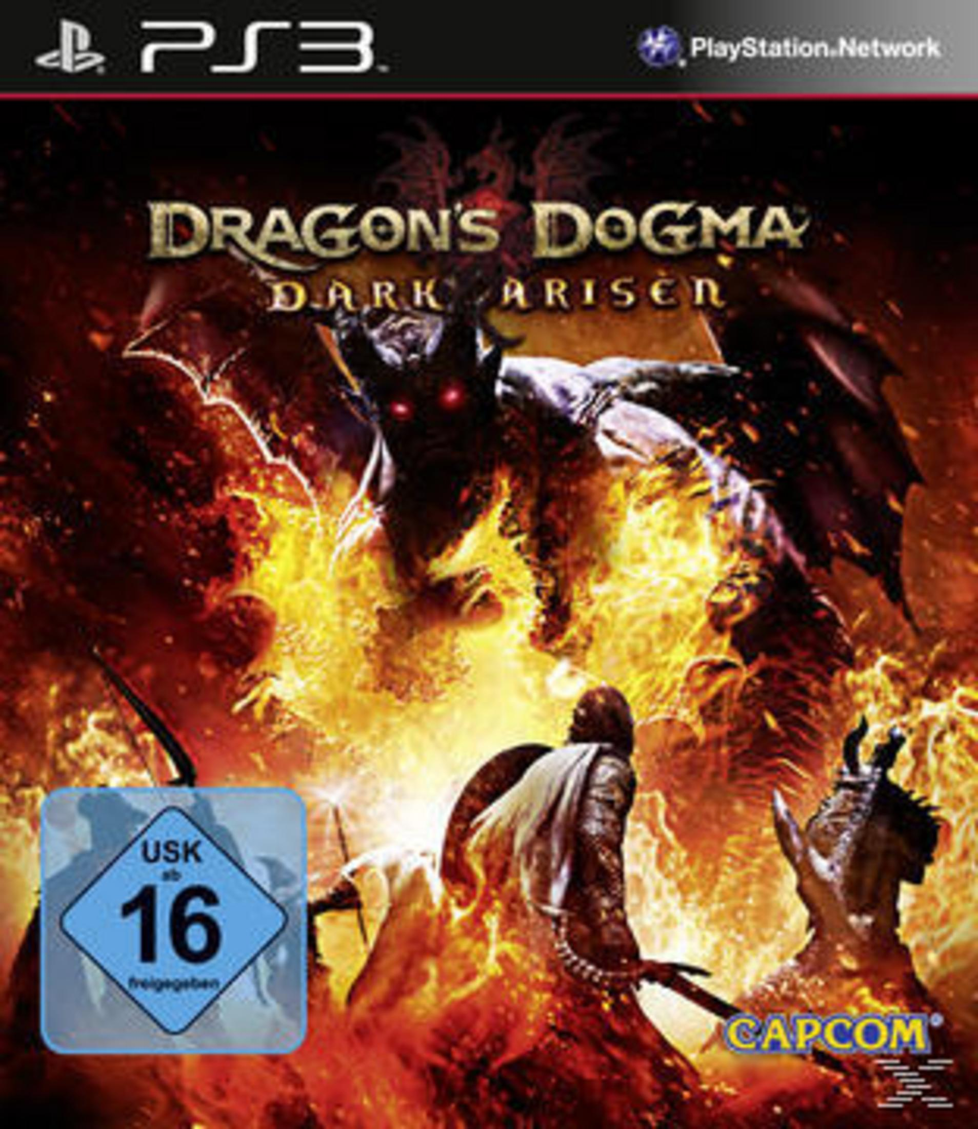 Spielcover von Dragon's Dogma Dark Arisen. Ein Drache über Flammen, Figuren darunter und ein USK-Rating-Logo.