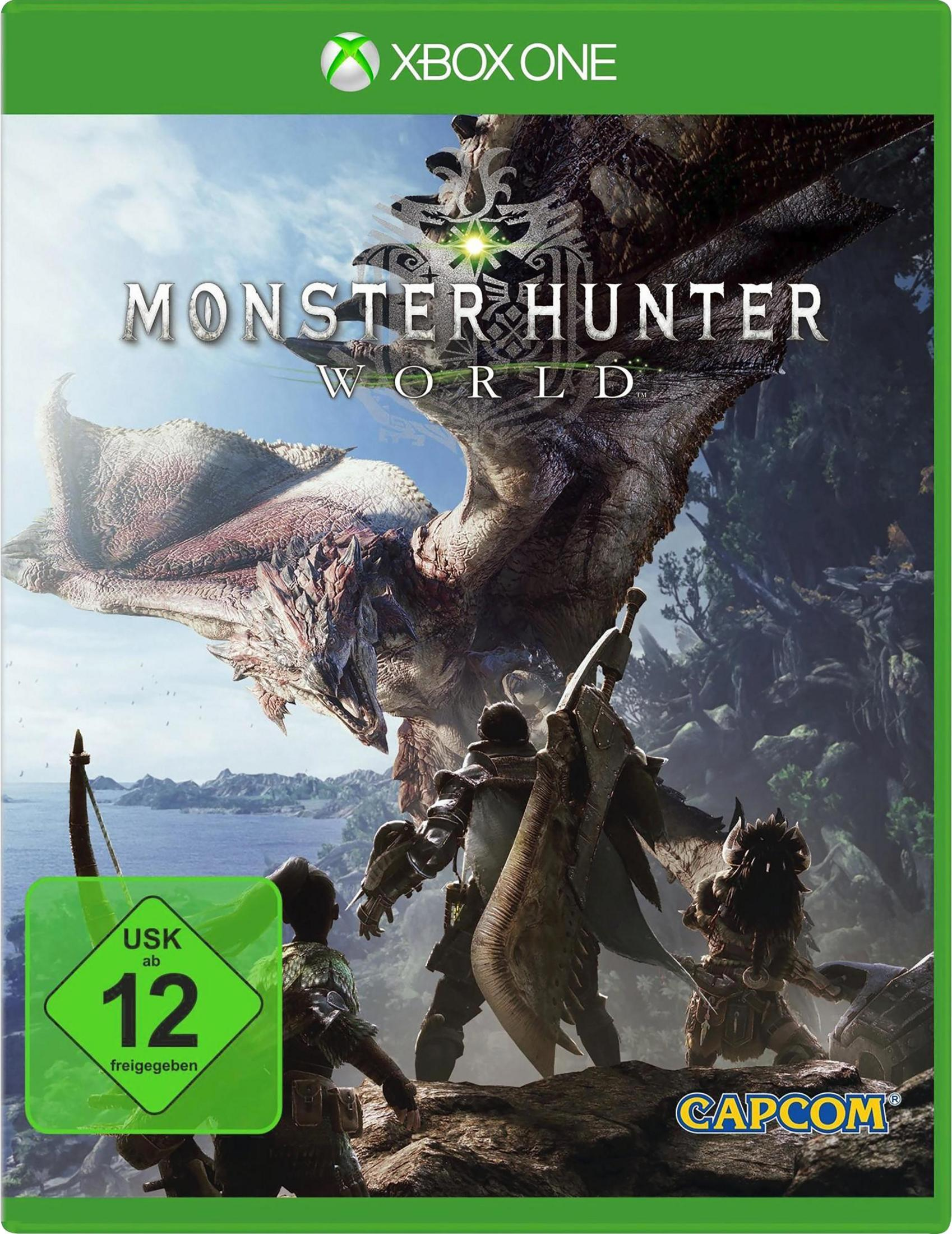 Spielcover: Monster Hunter World, ein Drache über Jägern.
