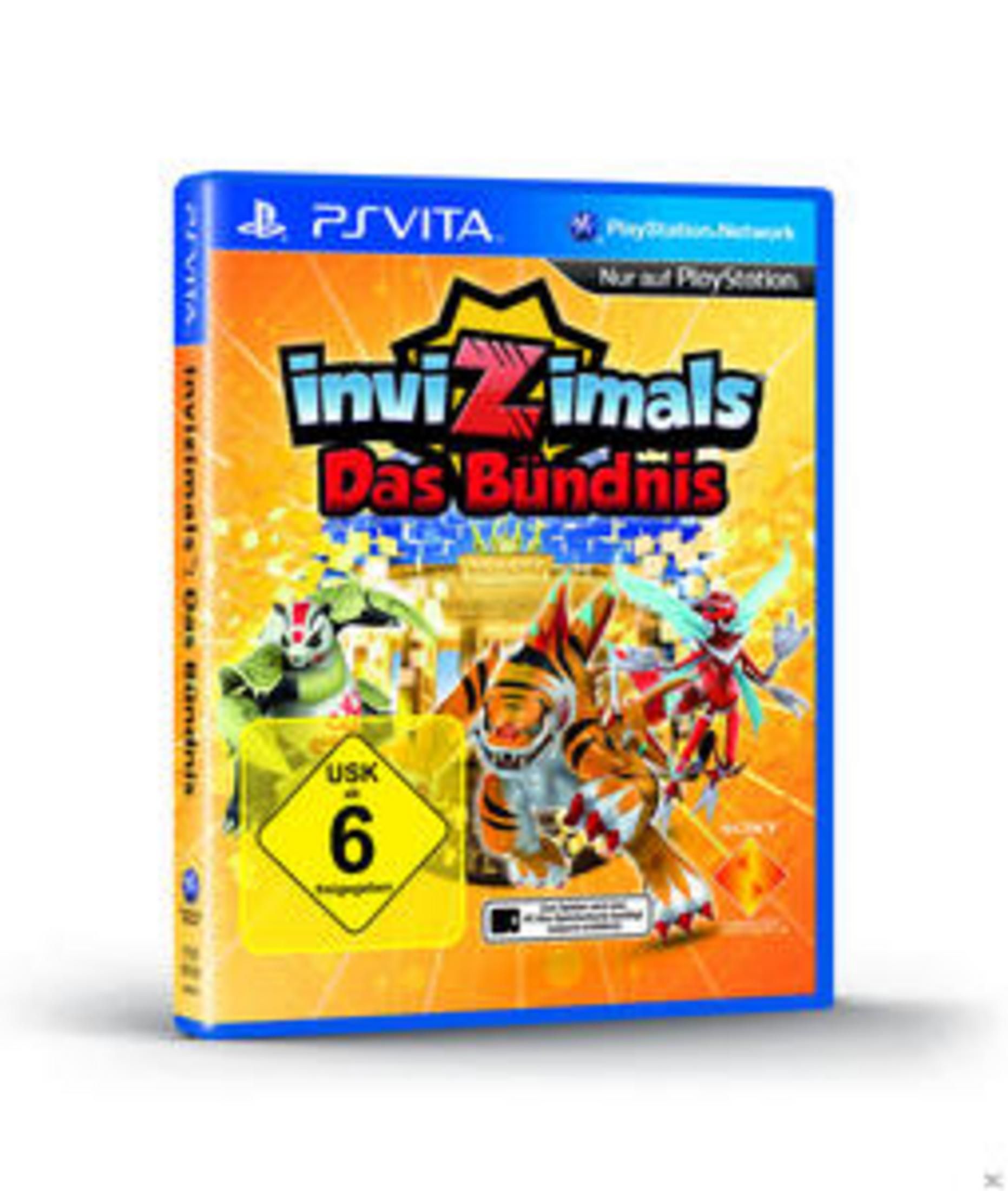 Spielcover: Invizimals: Das Bündnis, Charaktere auf einer blauen Box.