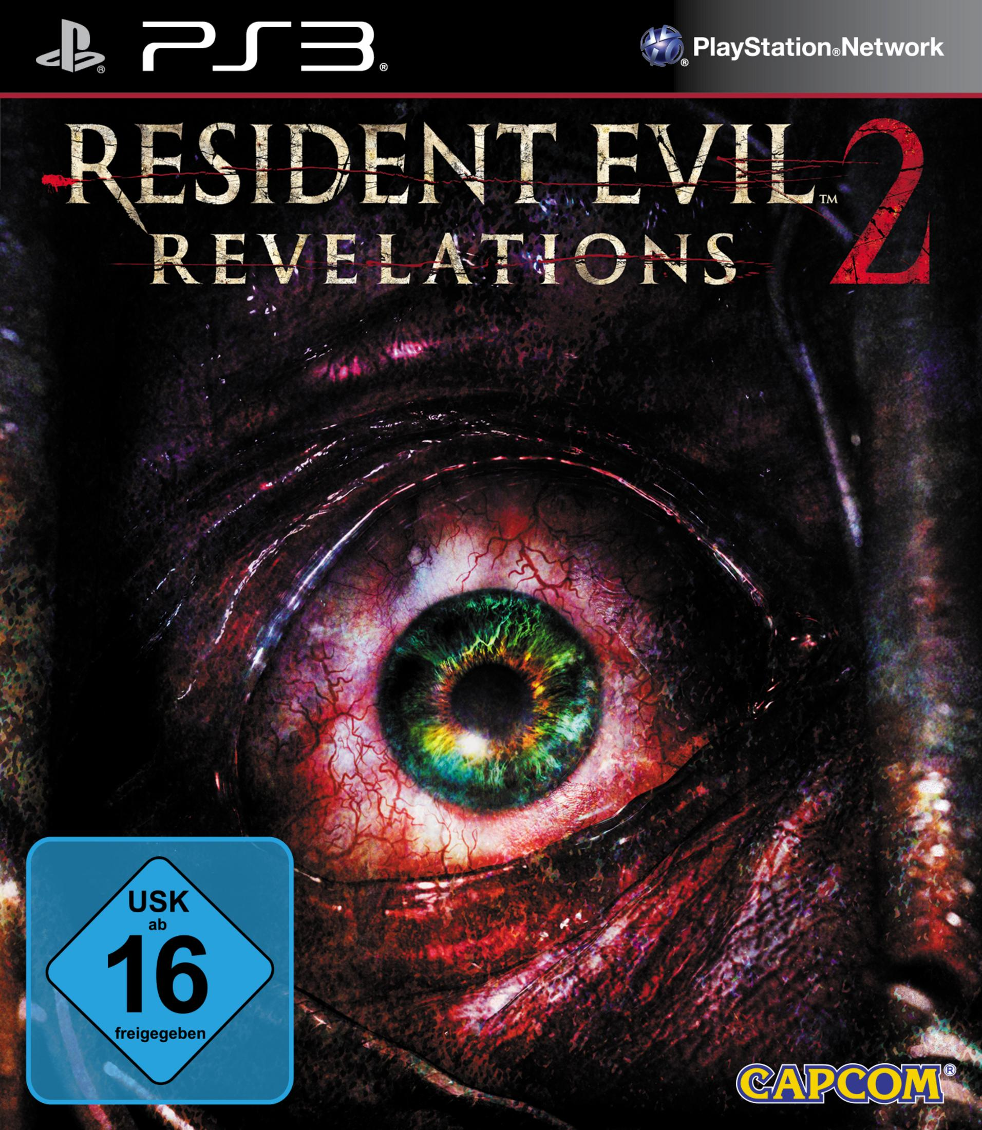 Resident Evil Revelations 2-Spielcover. Ein großes Auge mit grüner Iris, umgeben von Rot.