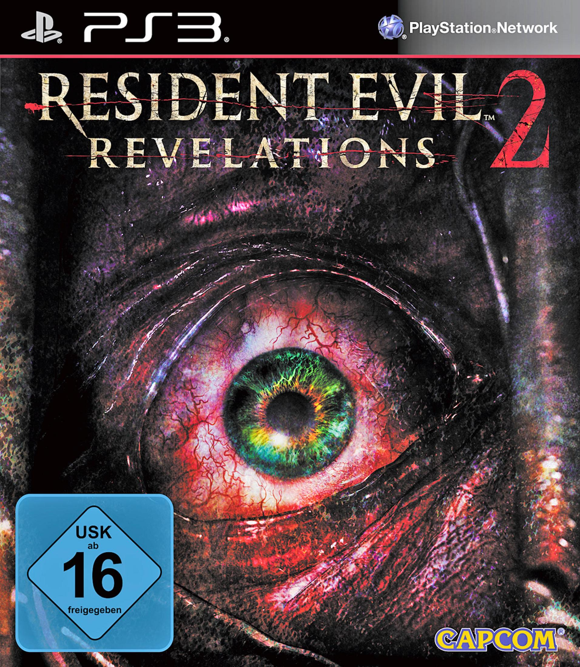 Resident Evil Revelations 2 Spielcover. Auge mit Blut, Horror-Thema.