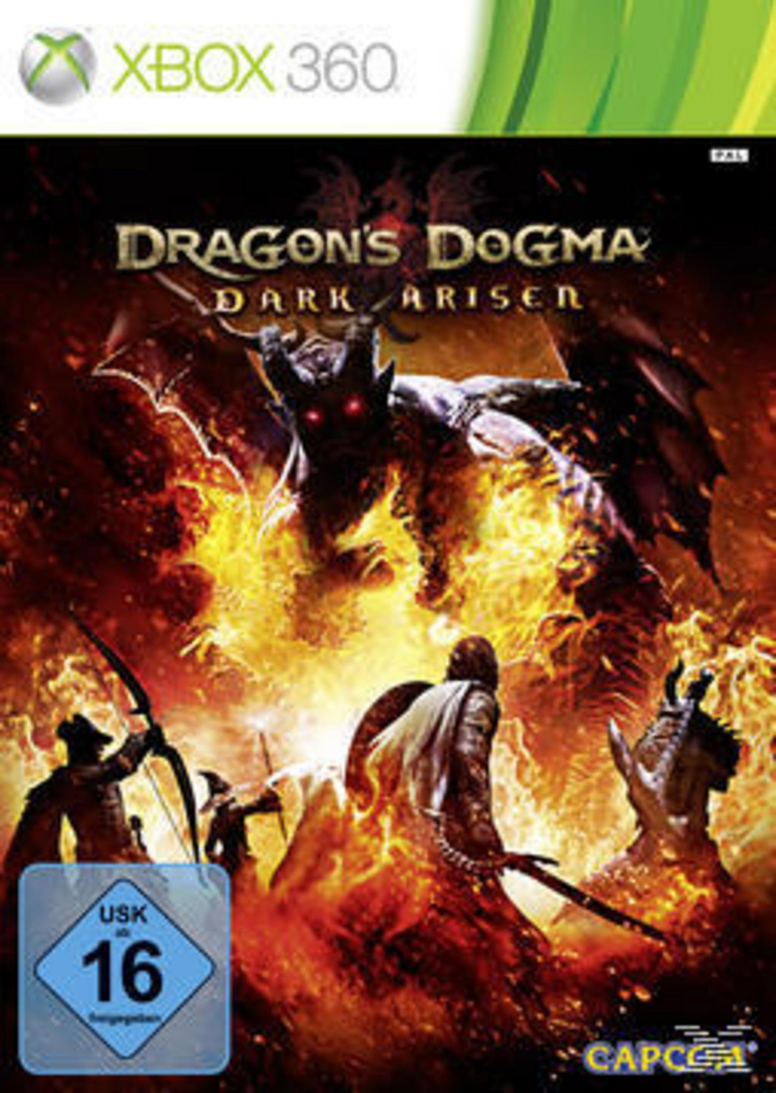 Spielcover: Dragon's Dogma, ein Dämon und Krieger im Feuer.