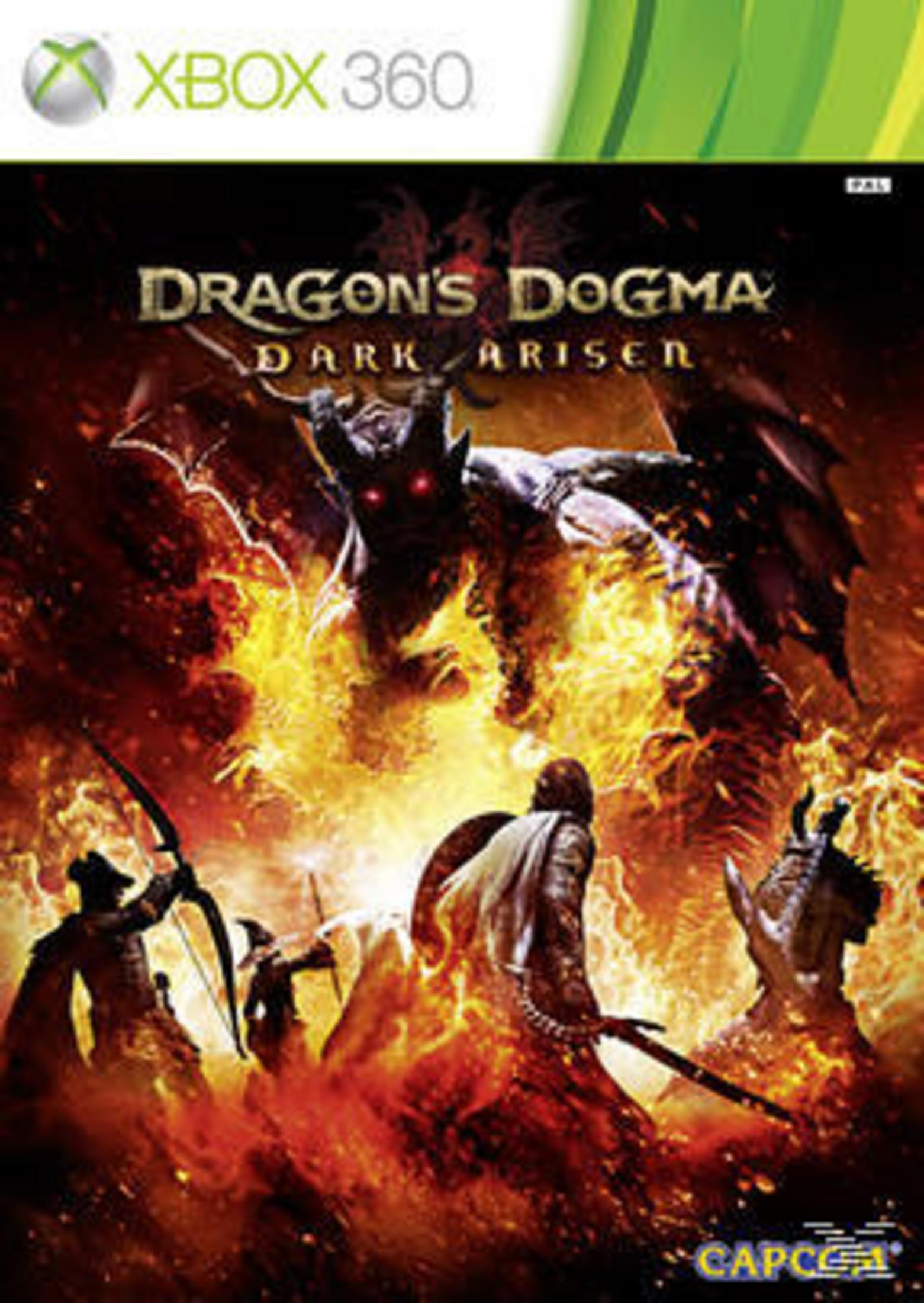 Dragon's Dogma Dark Arisen Spielcover. Dämon, Krieger, Flammen, dunkel.