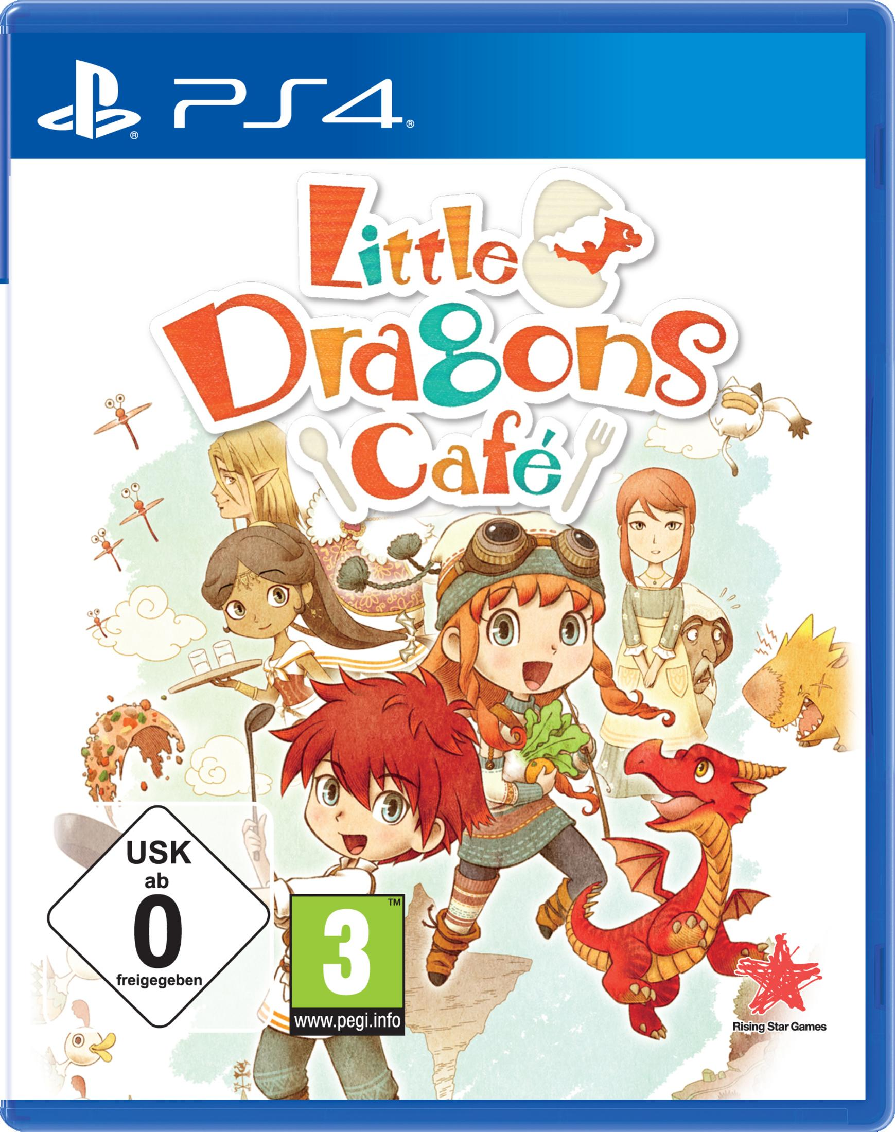 Spielcover für PS4: Little Dragons Cafe, mit Charakteren und einem roten Drachen. USK-Einstufung ist 0.