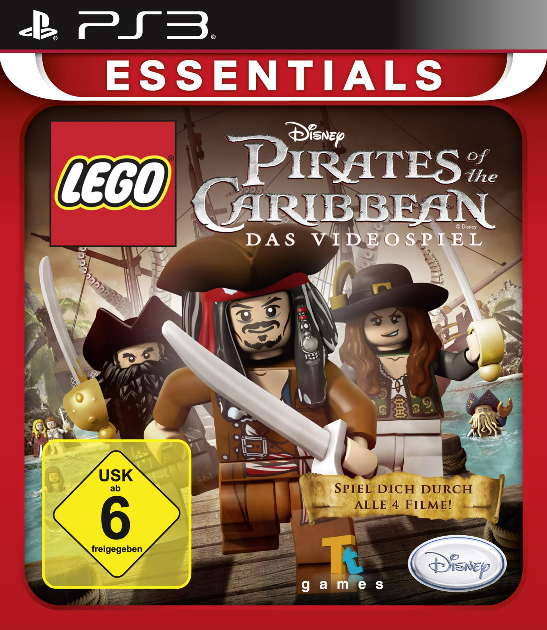Lego Pirates of the Caribbean Spielcover für PS3 mit Lego Figuren und Logo.
